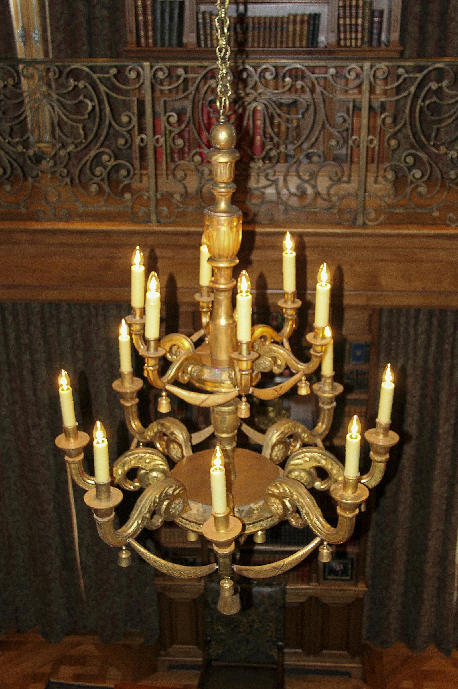 Large Italian Giltwood Chandelier C. 1790-1825: 14 Lights Extend From An Ornate Central Shaft. 68h X 42w. The Chandelier Is Crated And The Buyer Should Plan For It.