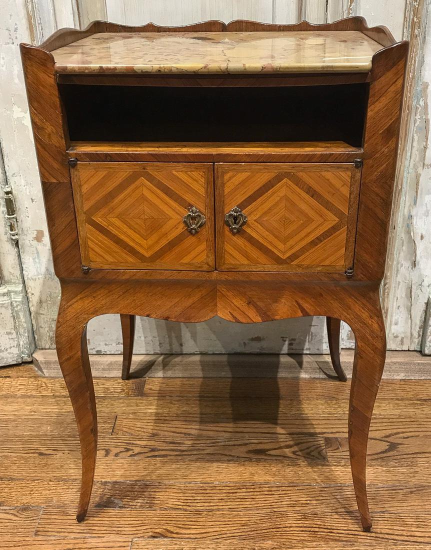 French Kingwood Side Table.: Louis Xv Style Parquetry Table With Marble Top. Two Door Front And Side Drawer. Good Antique Condition. 28.5h X 18w X 15d.