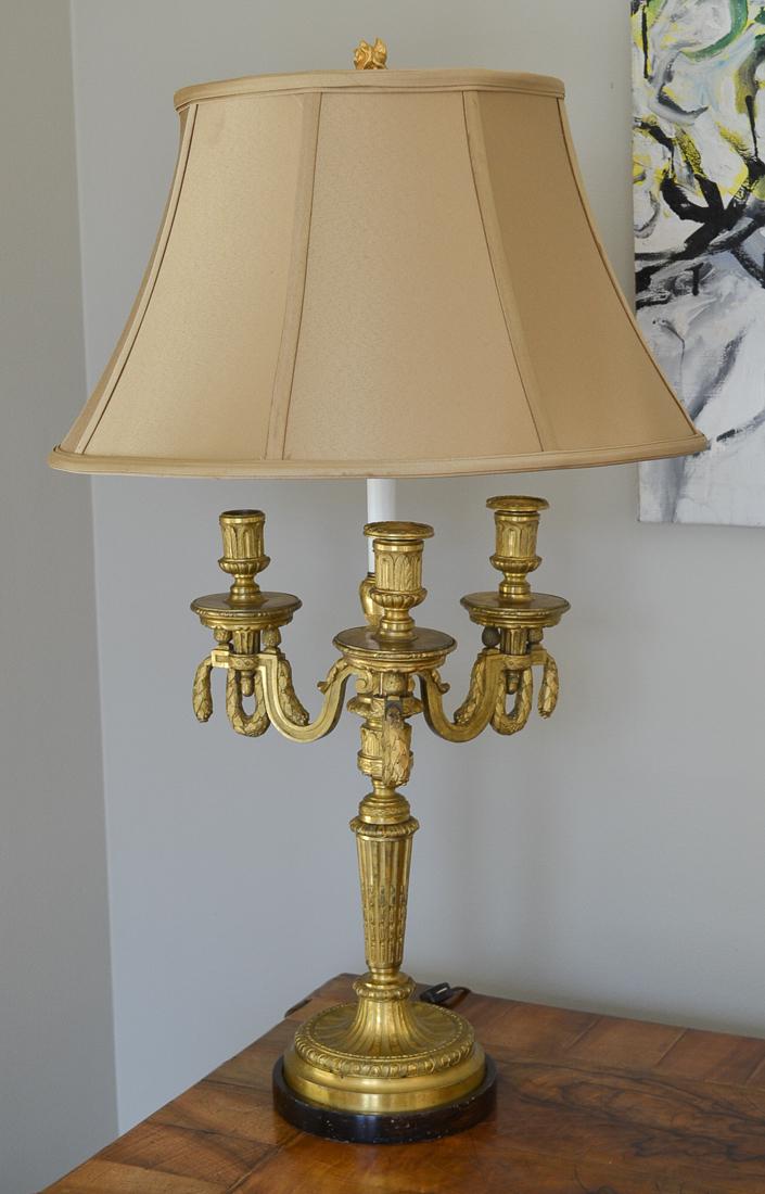 French Bronze Ormolu Lamp: Louis Xvi Style, 3-light, Electrified. 32x7