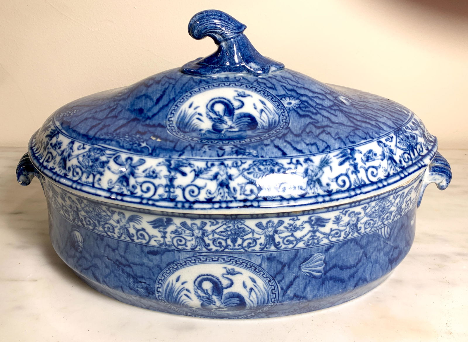 Early English Flo-blue Tureen, Double Handled: With Lift Out Divided Tray, 19th C, 13 X 8 H X 9 W Chips To Rim As Shown