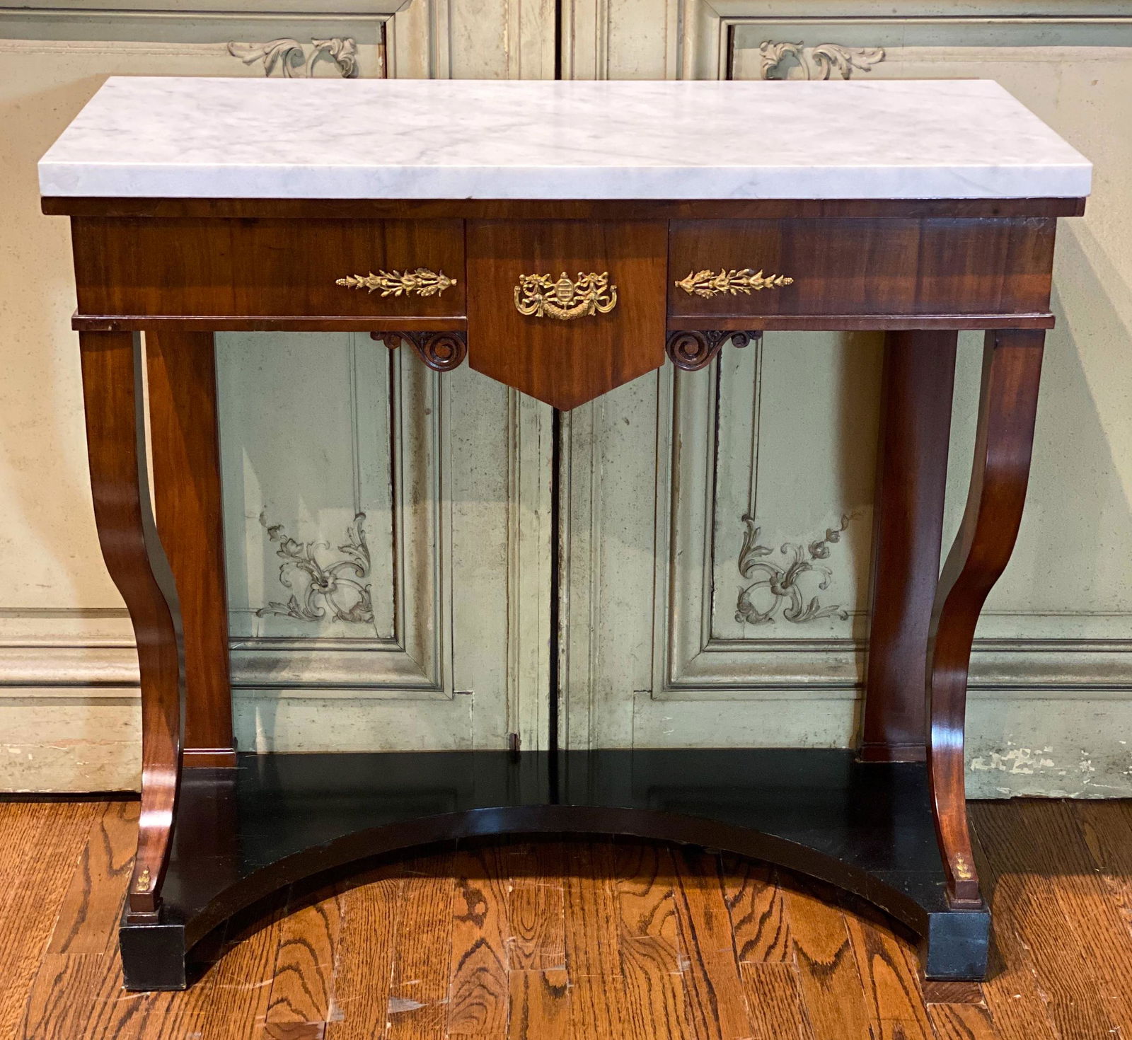 French Empire Mahogany Side Table: French Empire Mahogany Side Table With Ebony And Brass Inlay, And Carrara Marble Top Circa 1900 5 X 16 X 32 High