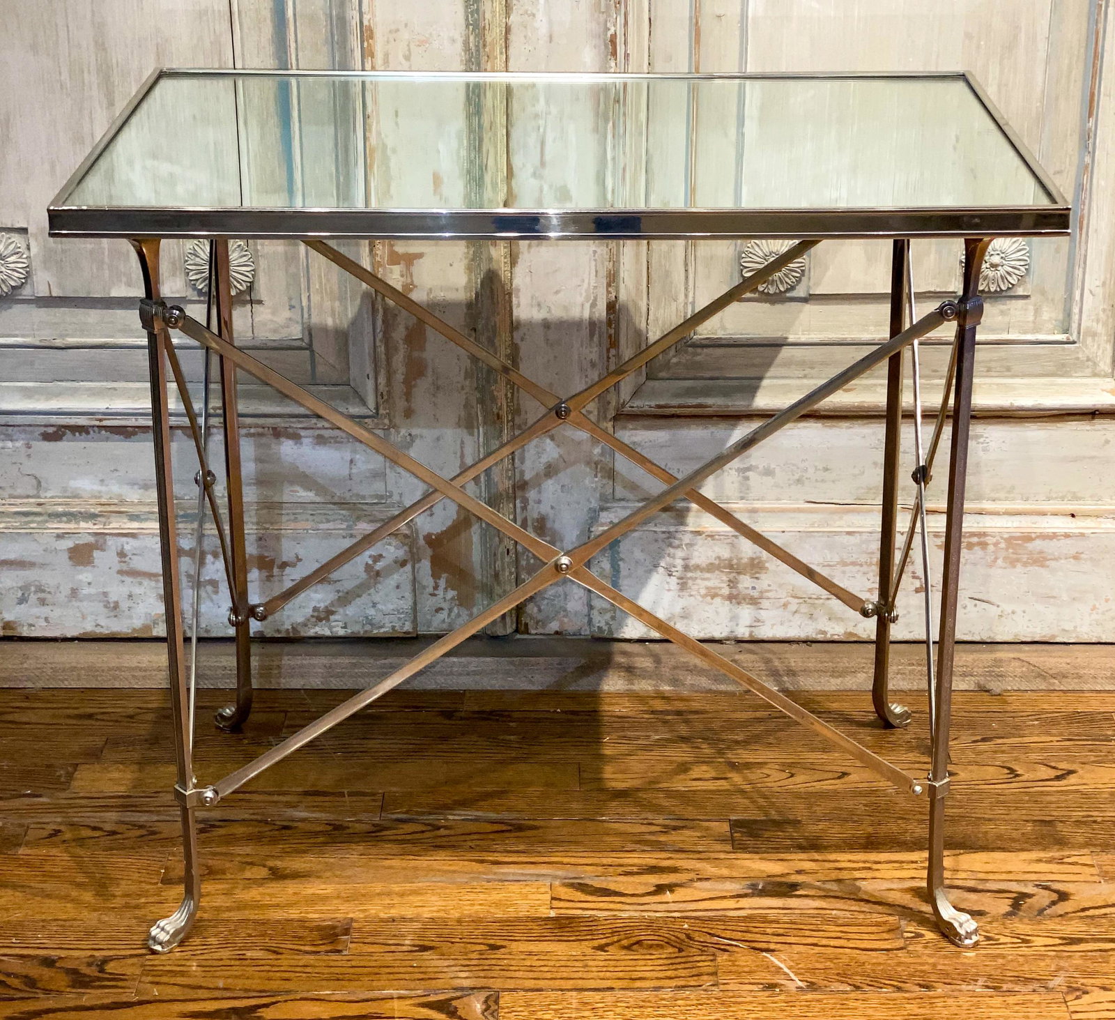 Midcentury Chrome Side Table: French Style Chrome Over Bronze Neo Classical Side Table With Mirror Top Circuit 1940. 30 X 19 X 26 1/2 High. Mirror Is New.