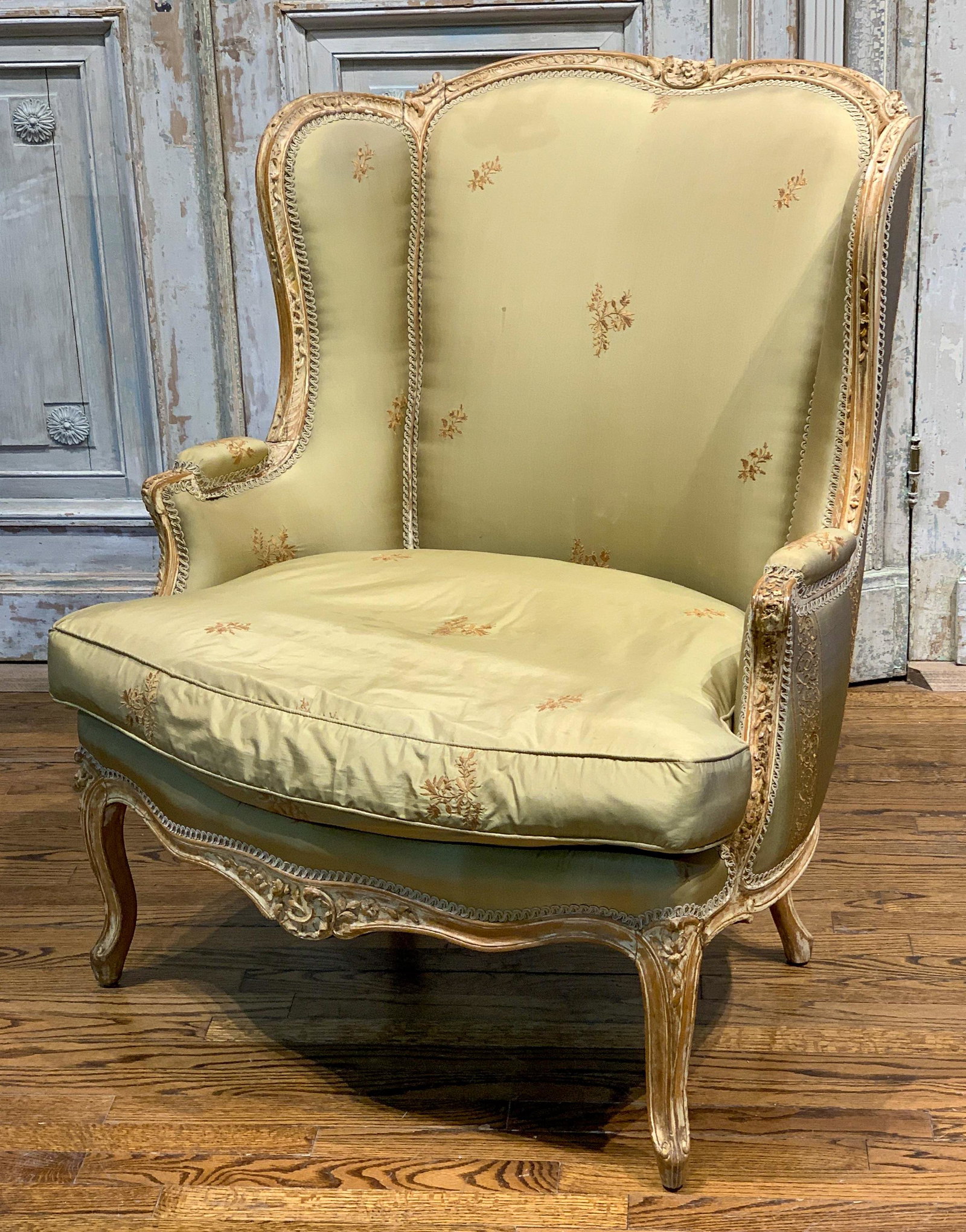 19th Century French Oversized Bergere: Nicely Upholstered, Good Condition; Carved. 42h X 34.5w X 36d