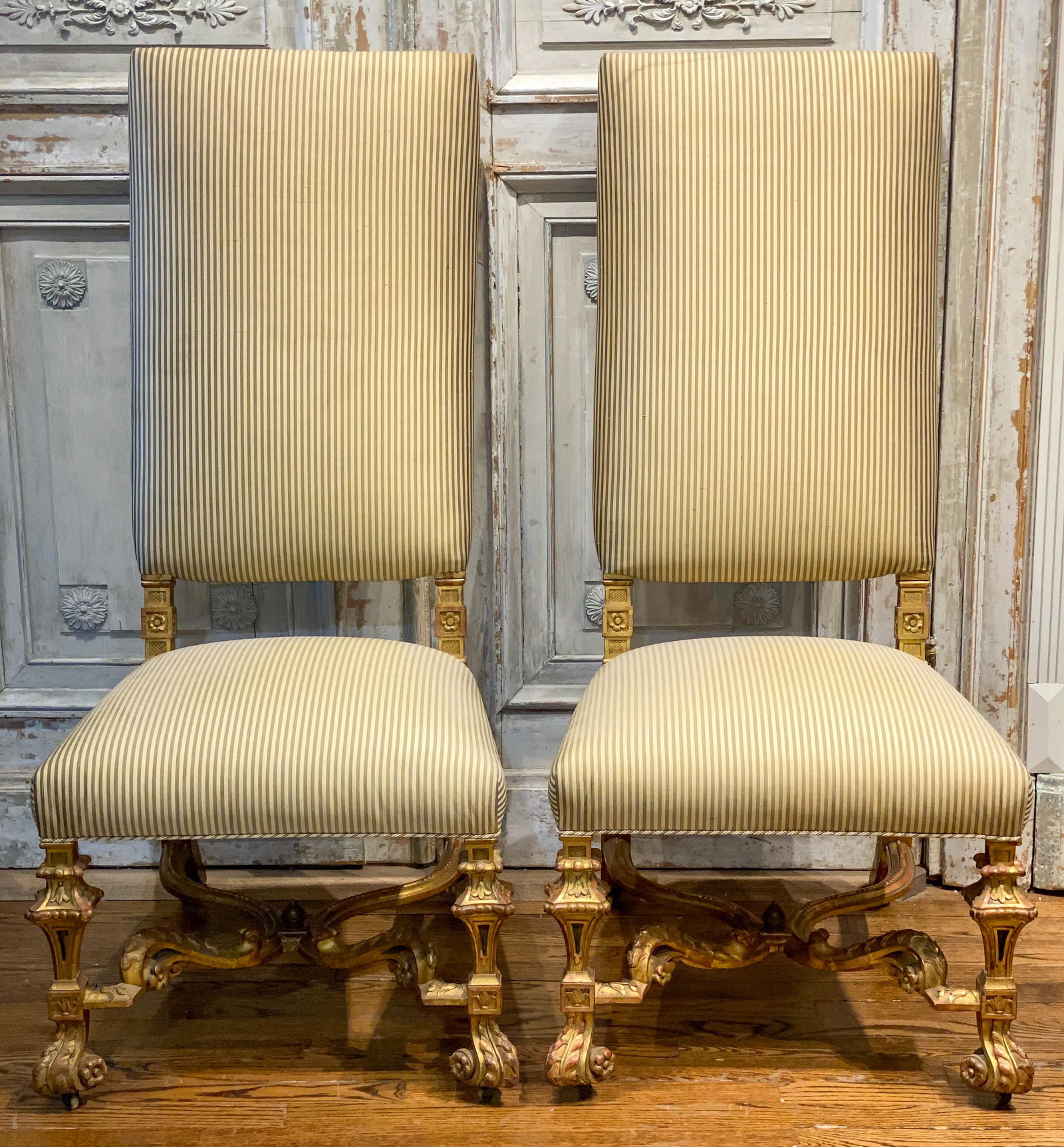 Pair Of French Louis Xiv Gold Gilt High Back: Hall Chairs, 50x23x27d Upholstery Needs Cleaning, Excellent Structural Condition, See Photos 19th C.