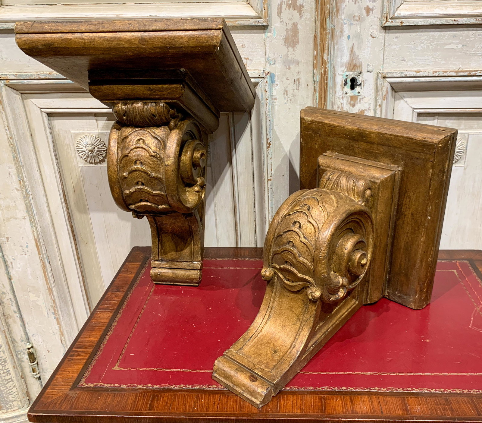 Pair Of Italian Gilt-wood Corbels: Large Size,19 Th C. 15.5 H X 11.5 W X 13 D