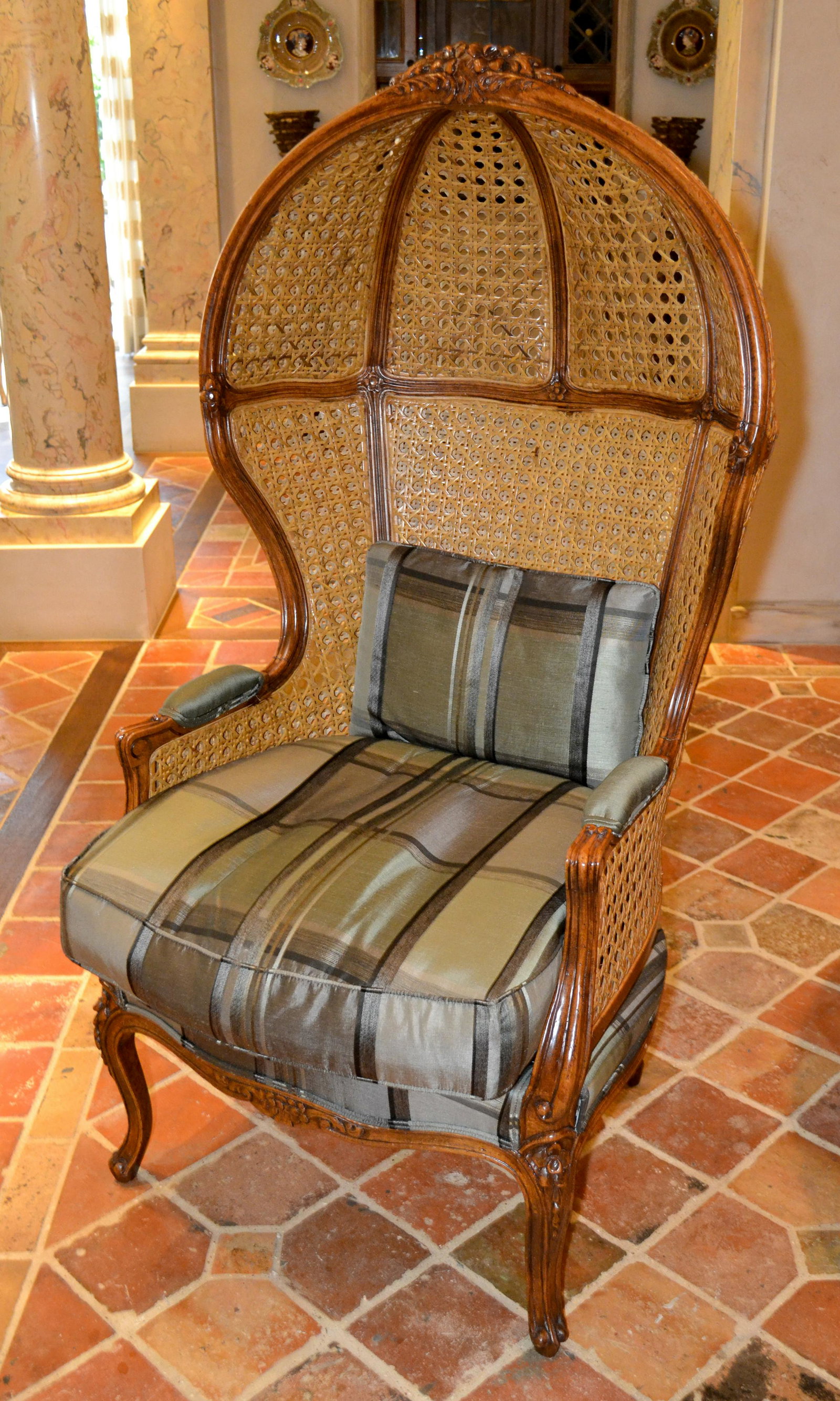 Pair French Louis Xv Style Hall Porter Chairs: Cane With Carved Walnut And Silk Upholstery. Circa 1890. Each 26w X 29d X 55h