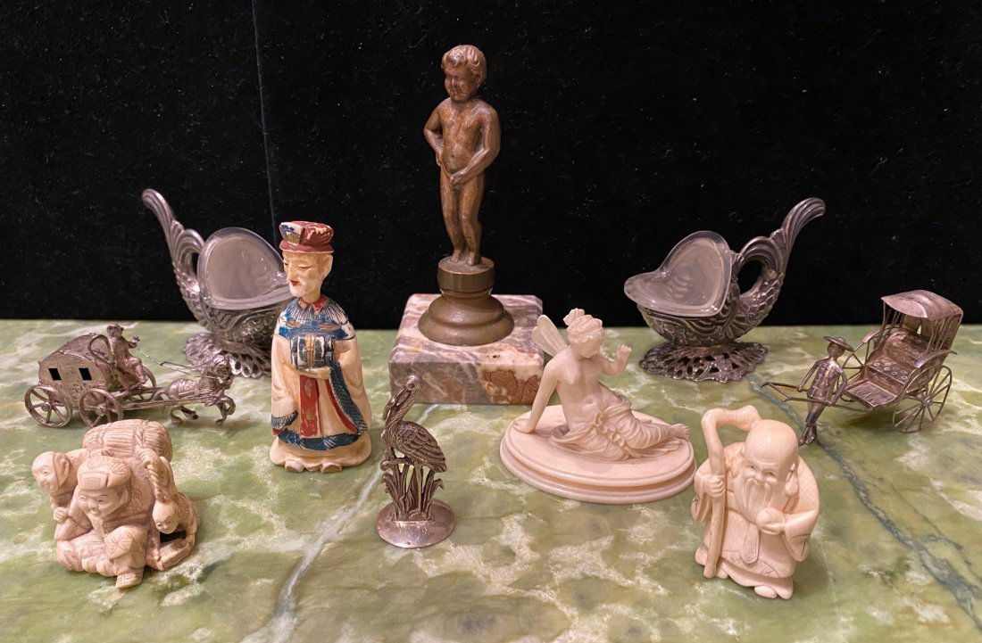 10 Pc. Miscellaneous, Silver Miniatures, Tusk: Tusk Carved Pieces, Whimsical Items. See Photos.