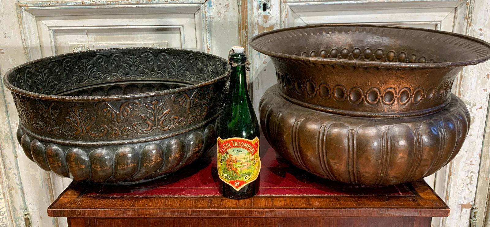 2 Very Early Venetian Embossed Copper: Planters, Both With Excellent Old Patinas, 21dia X 12 And 20 Dia X 10