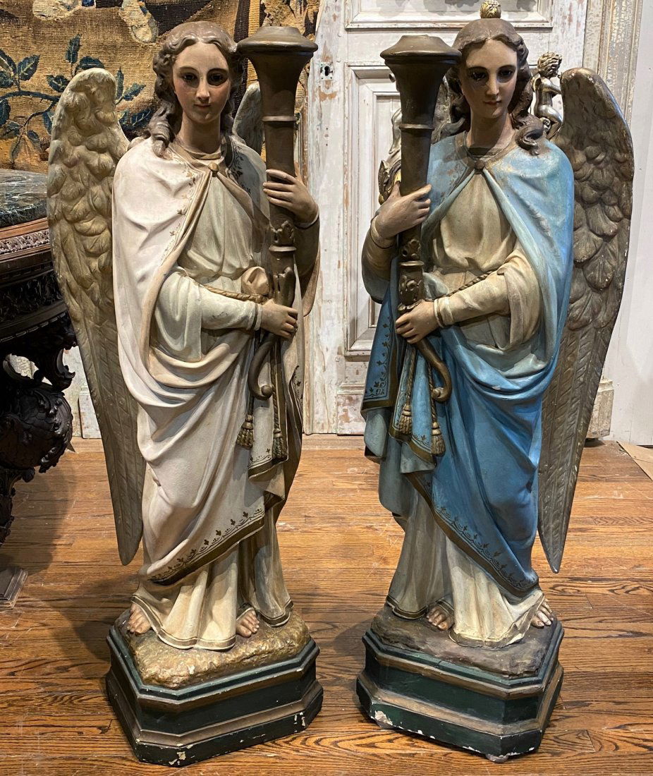 Pair Of Italian Antique Plaster Angel Torchieres: Polychrome Finish with Glass Eyes; 46 High