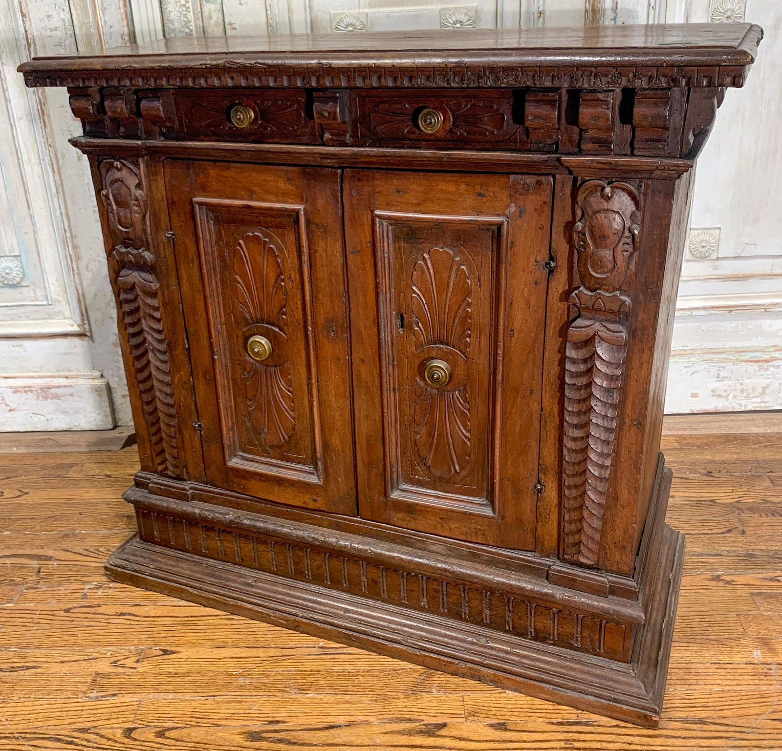 17 Th C. Italian Walnut 2-door Credenza: Good Condition, 41 W C 17 D X 38 H