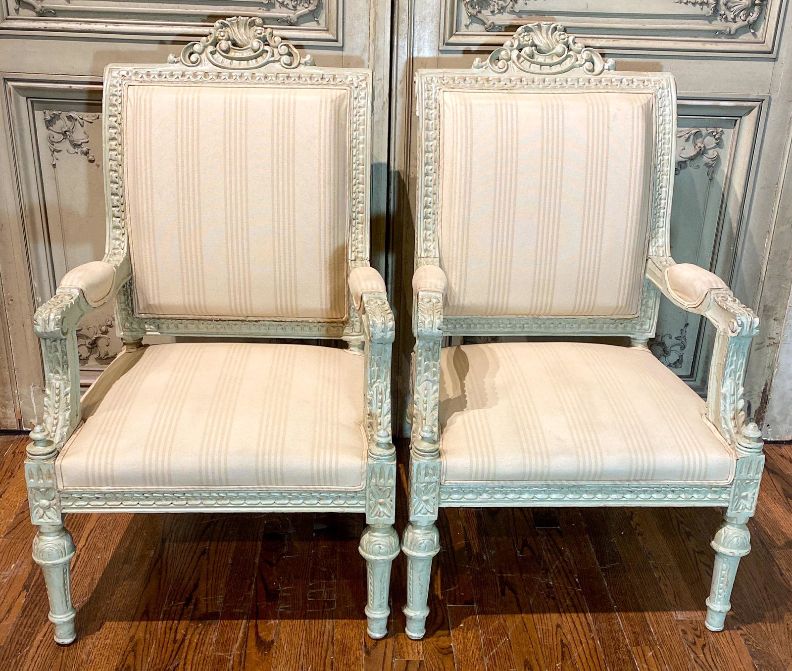 Pair Of Painted Decorative Chairs: Nice Upholstery In Louis Xvi Style, (from Allan Knight And Originally Over $10,000 For The Pair) See Photos For Condition 20c. 25 w x 22.5 d x 42 h overall Seat 23 w x 22 d x 16 h