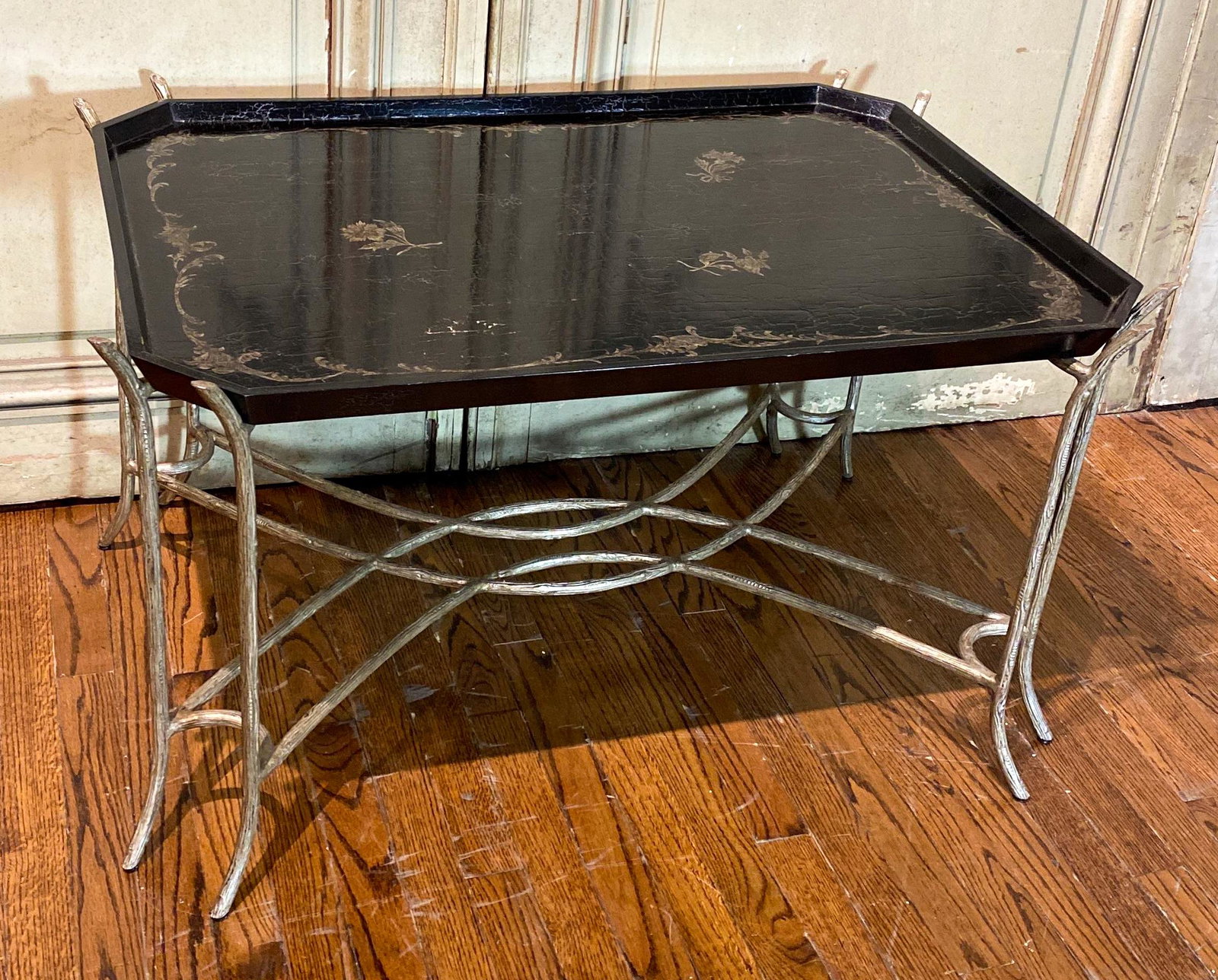 A Black Lacquered Tray Top Table: Treeform Base, By Dennis & Leen 20c 37.5x26.5x21