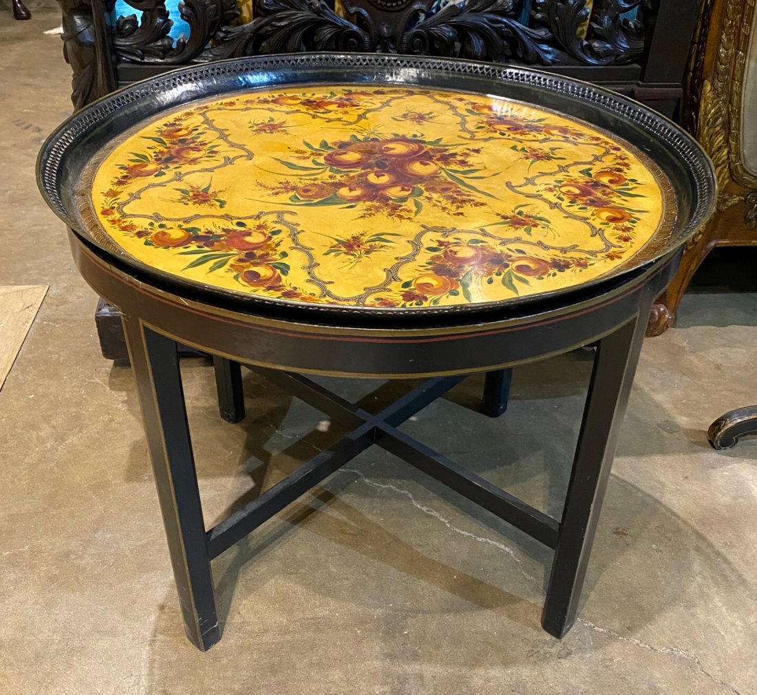 Edwardian English Painted Tole Tray Table: With Brass Galley, Set On A Vintage Stand , Excellent Condition, 21 H X 27 Dia. Bottom of tray marked “restored 1967”