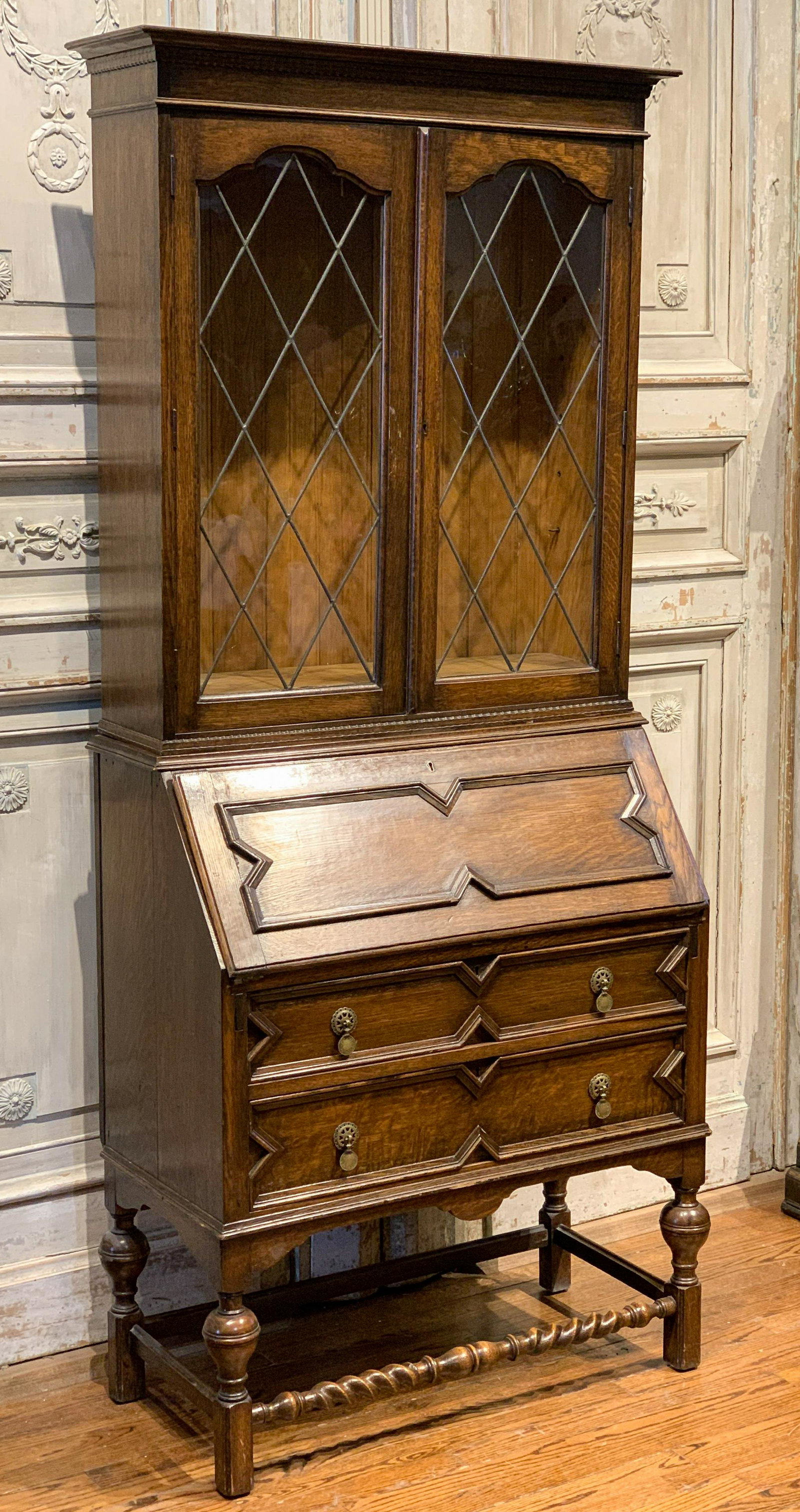 English Edwardian Era Oak Secretary Bookcase: 80h X 17.5d X 35.5w
