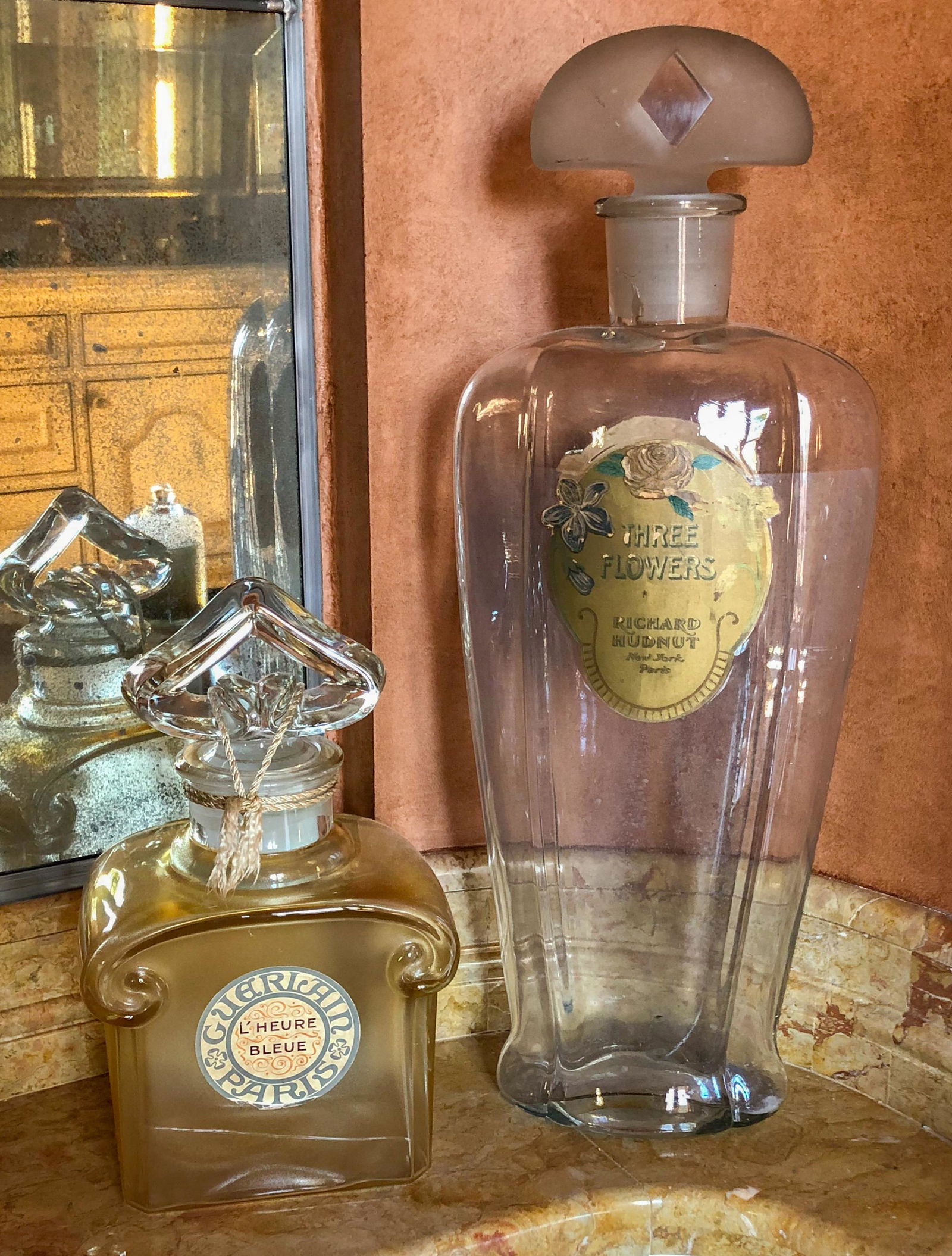 2 Oversized Guerlain Antique Perfume Bottles: Tallest 24" High French Guerlain