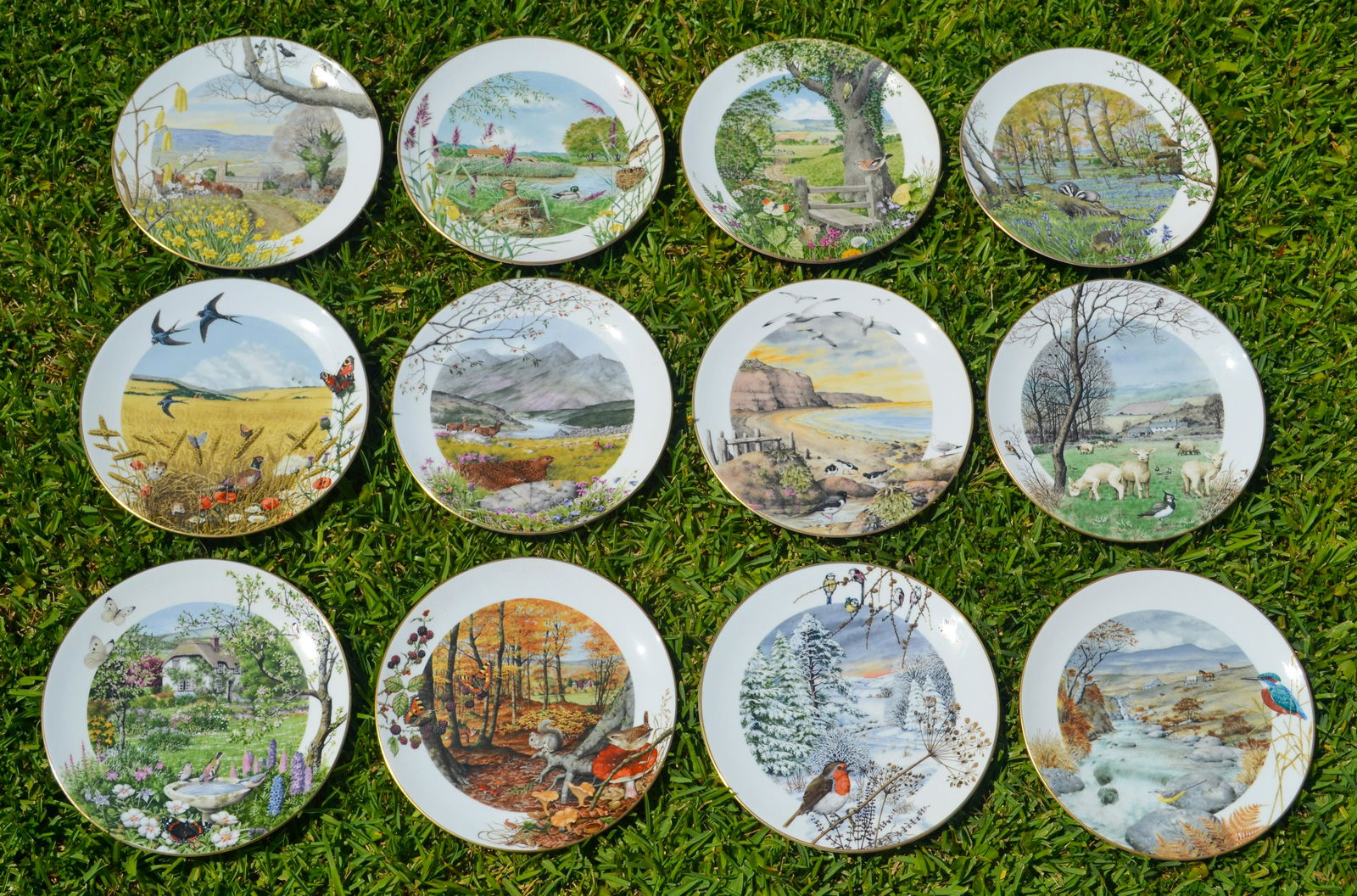 Royal Worcester Porcelain Monthly Scenes Plates: English Fine Bone China, Decorated. Created for Royal Worcester by artist Peter Banett. A Limited Edition Series of 12 plates, featuring a monthly landscaping pictorial scene, introduced in 1979. 9"di