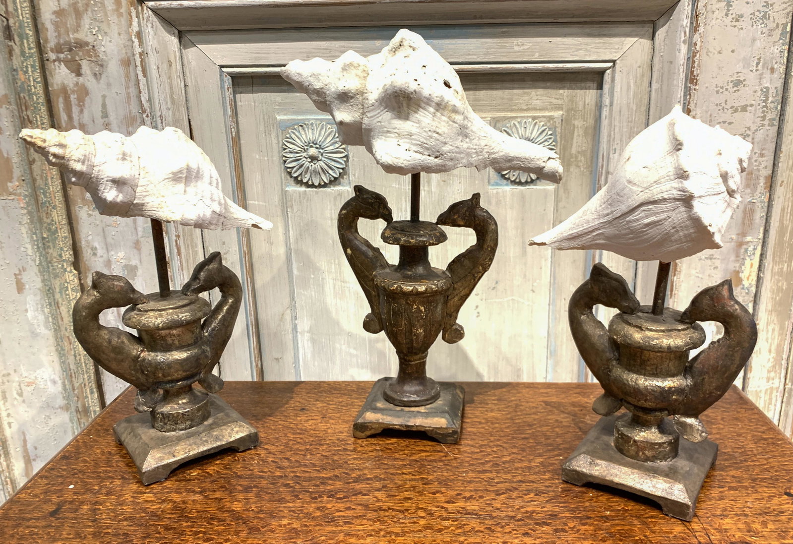 3 Old Bleached Seashells: ,ounted On Italian Bases, 19 Th C Bases, 11-14 H