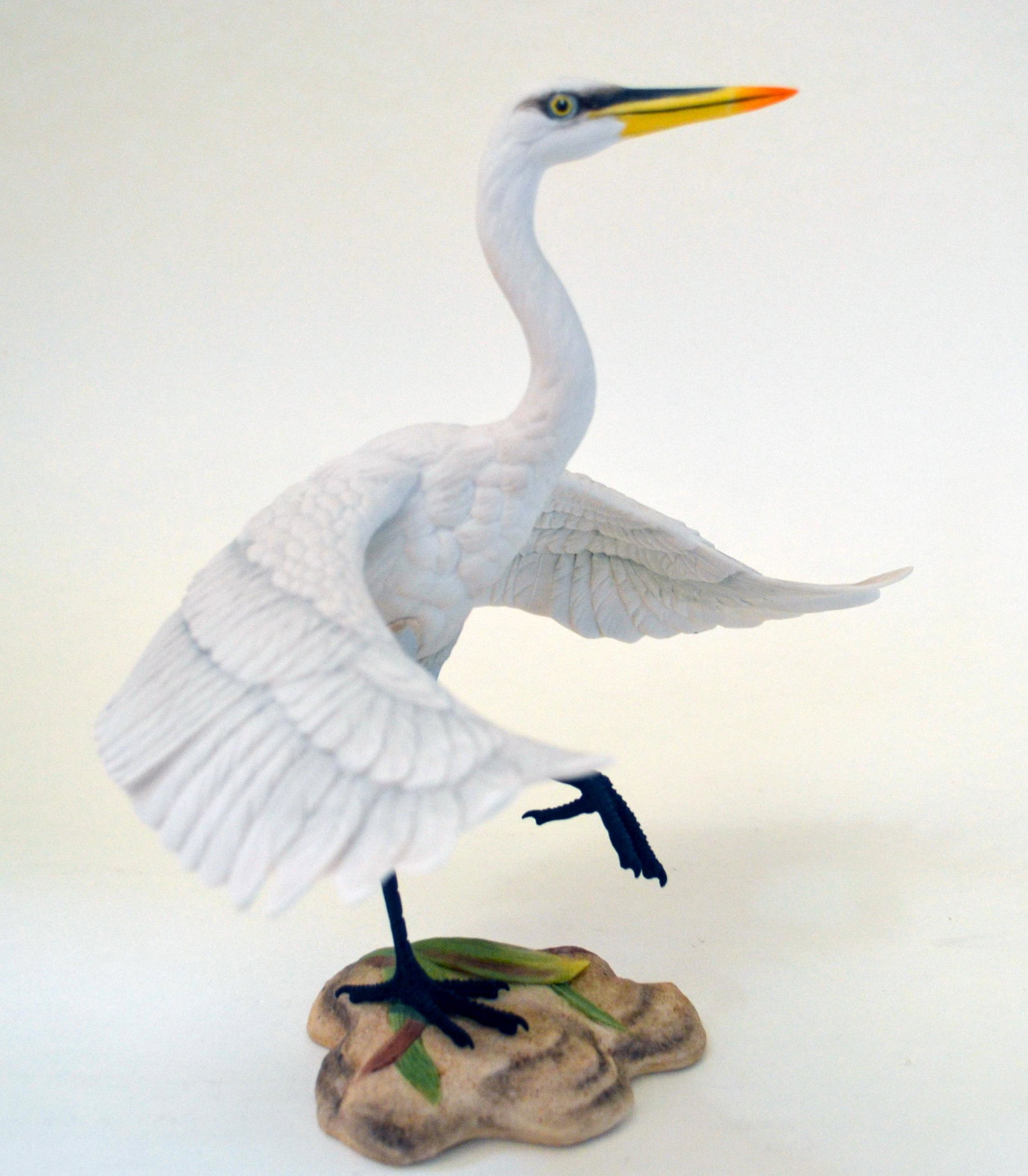 Boehm Porcelain White Egret Wading Bird: Bisque Porcelain Decorated. Hand Created, Hand Painted, Introduced In 1986. A Closed Edition, Fine Detail. Hallmark: 402-90. 8.5h X 10.5w X 4d
