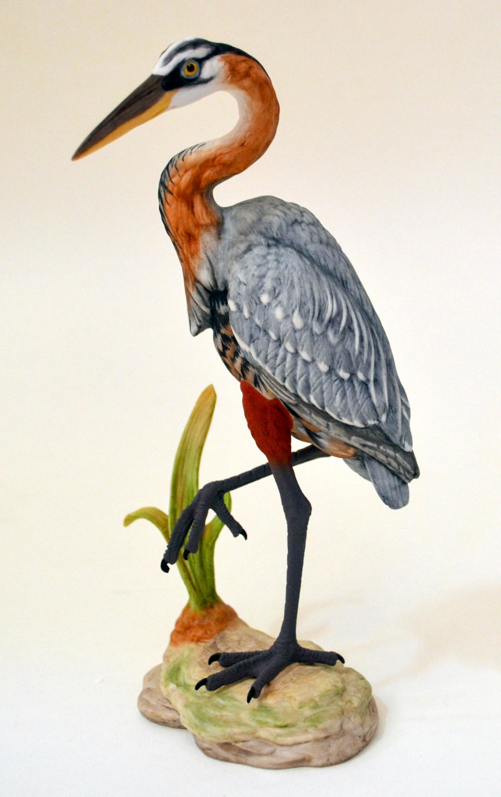 Boehm Porcelain Blue Heron Wading Bird: Bisque Porcelain Decorated. Hand Created, Hand Painted, Introduced In 1986. A Closed Edition, Fine Detail, One Of The Birds In The Wading Bird Series. Hallmark: 402-89. 9h X 4w X 3