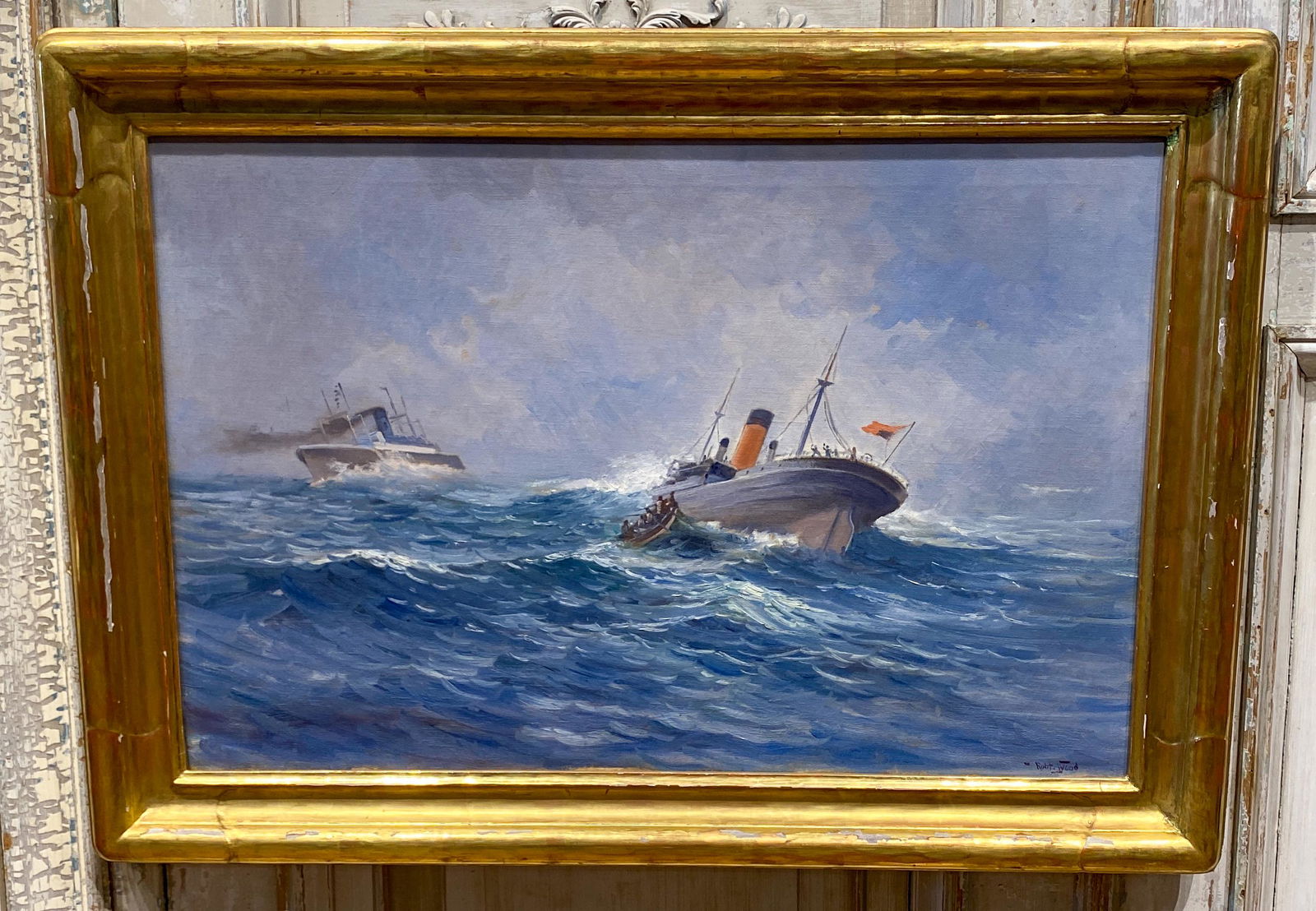 Ships At Sea, Signed Robert Wood, In Gilt Frame: Signed Robert Wood, c1910. Good antique condition, typical craquelure for age. Stretcher marks as evident in photos. 35.5 x 25.5. See loss to frame's gilding. Oil on canvas.