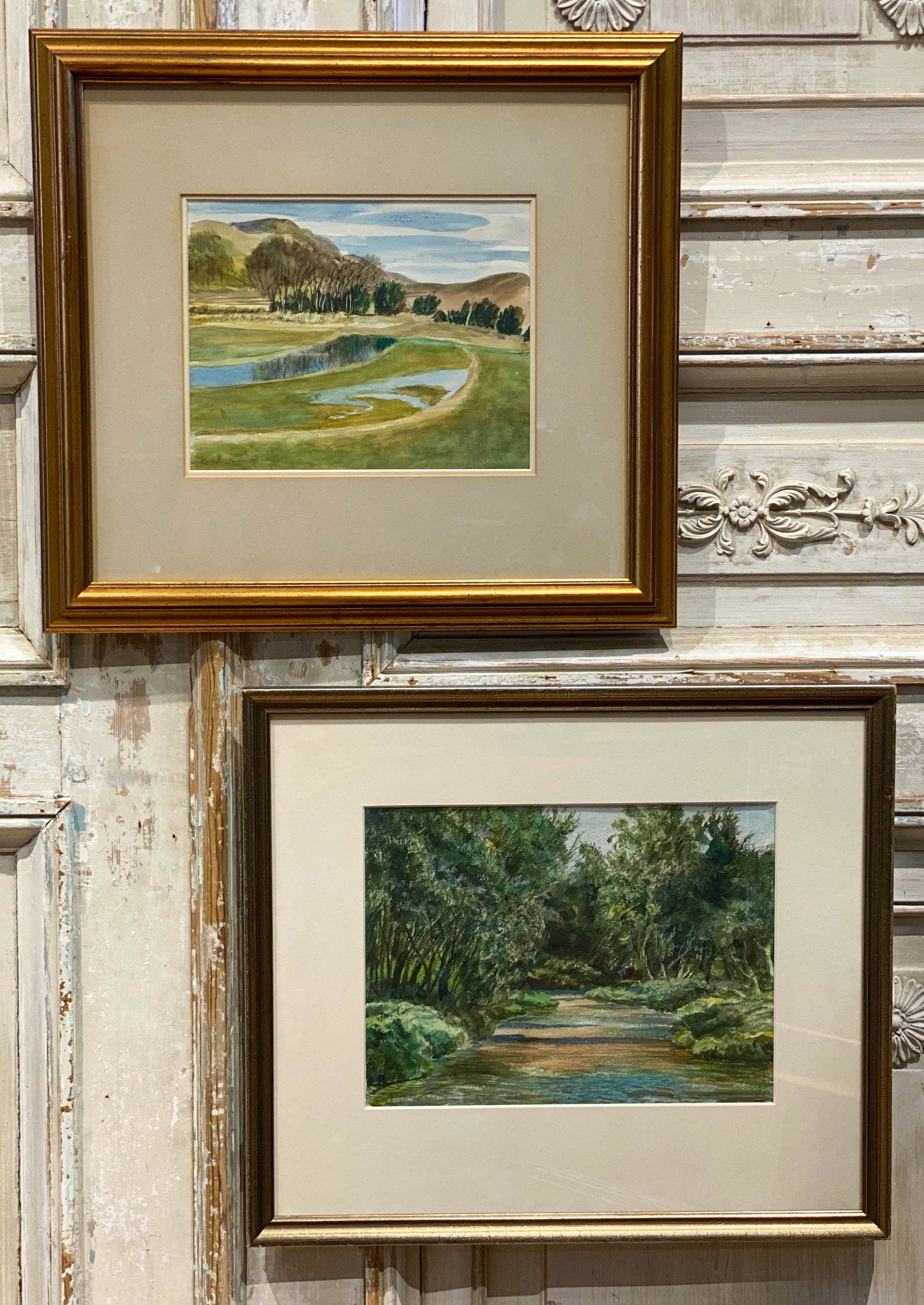 2 Framed Watercolors, By Peter Hurd: American, 1904-1984. Stock Tank 7.75 X 10 River Scene: San Patricio Our River In Summer 9x12