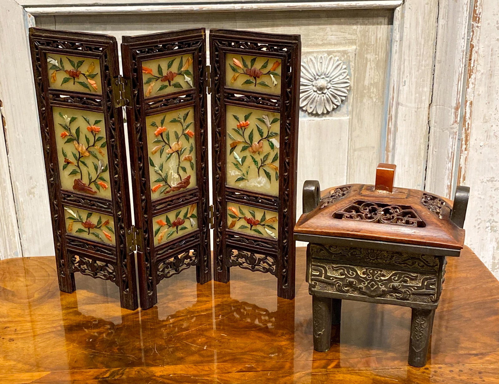 Chinese Bronze And Small Hardstone Screen: Carnelian Handle Atop Carved Wood Has Been Reattached And One Panel Of Screen Has Repair. Screen Is 11 High