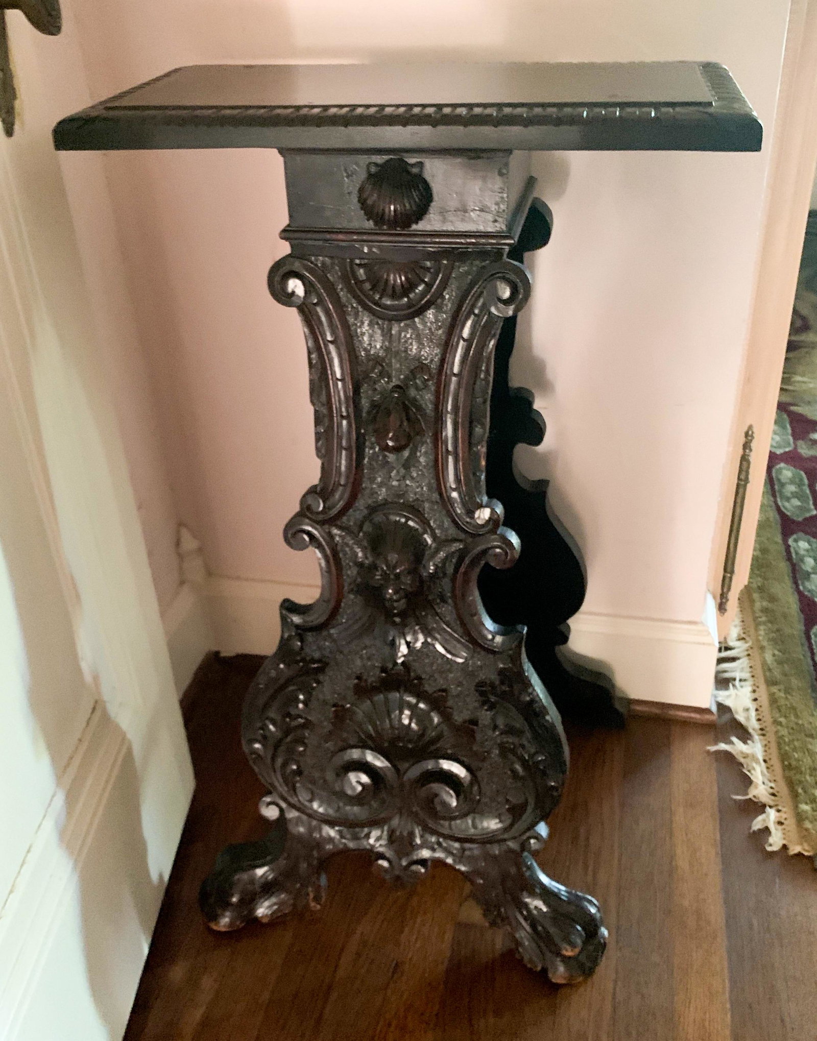 An Italian Carved Wood Baroque Pedestal: Good Carvings, C. 19th C. 33 H X 20 W X 11 D