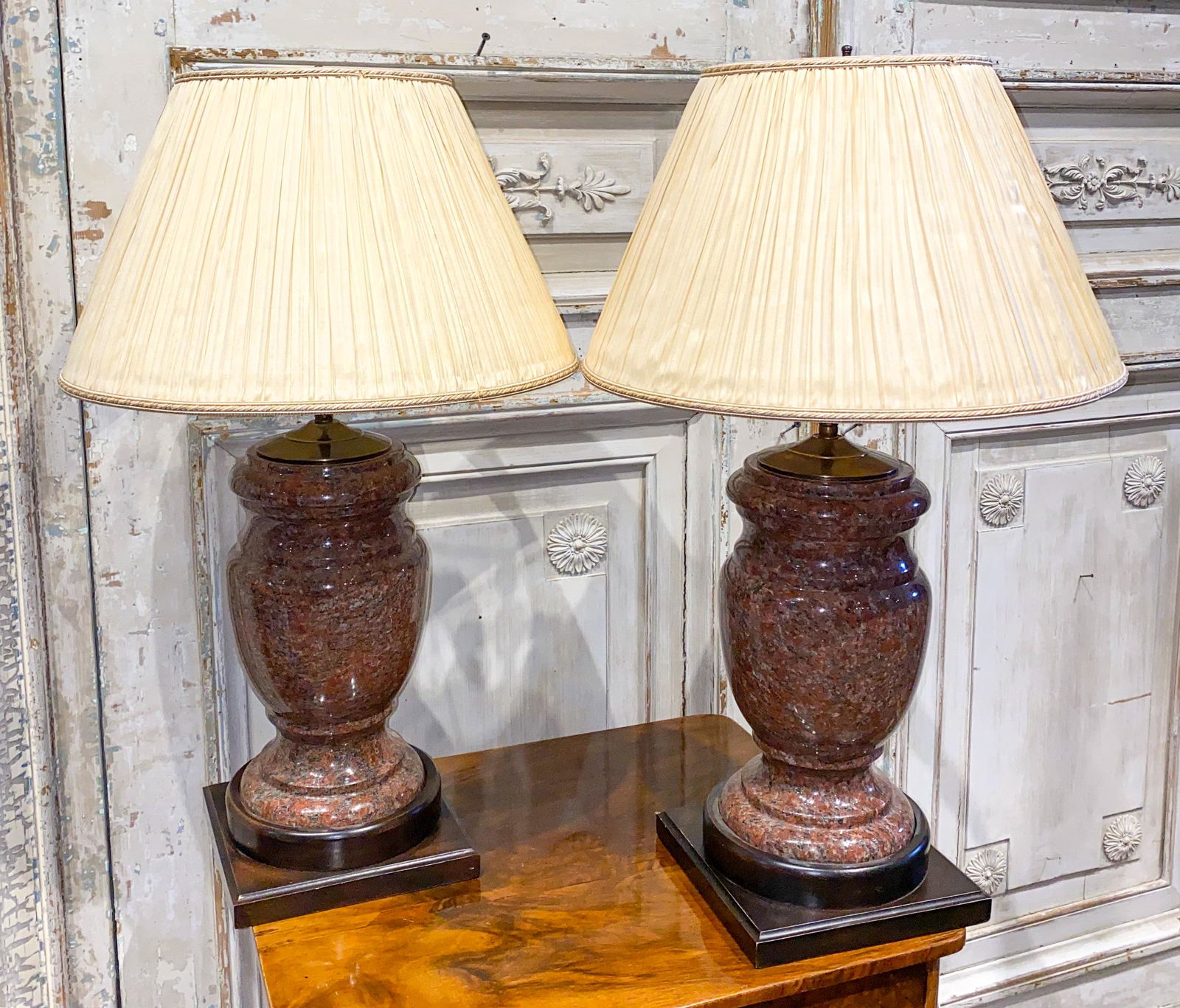 Pair Of Polished Granite Lamps On Wood Bases: Electrified With Shades 27 H