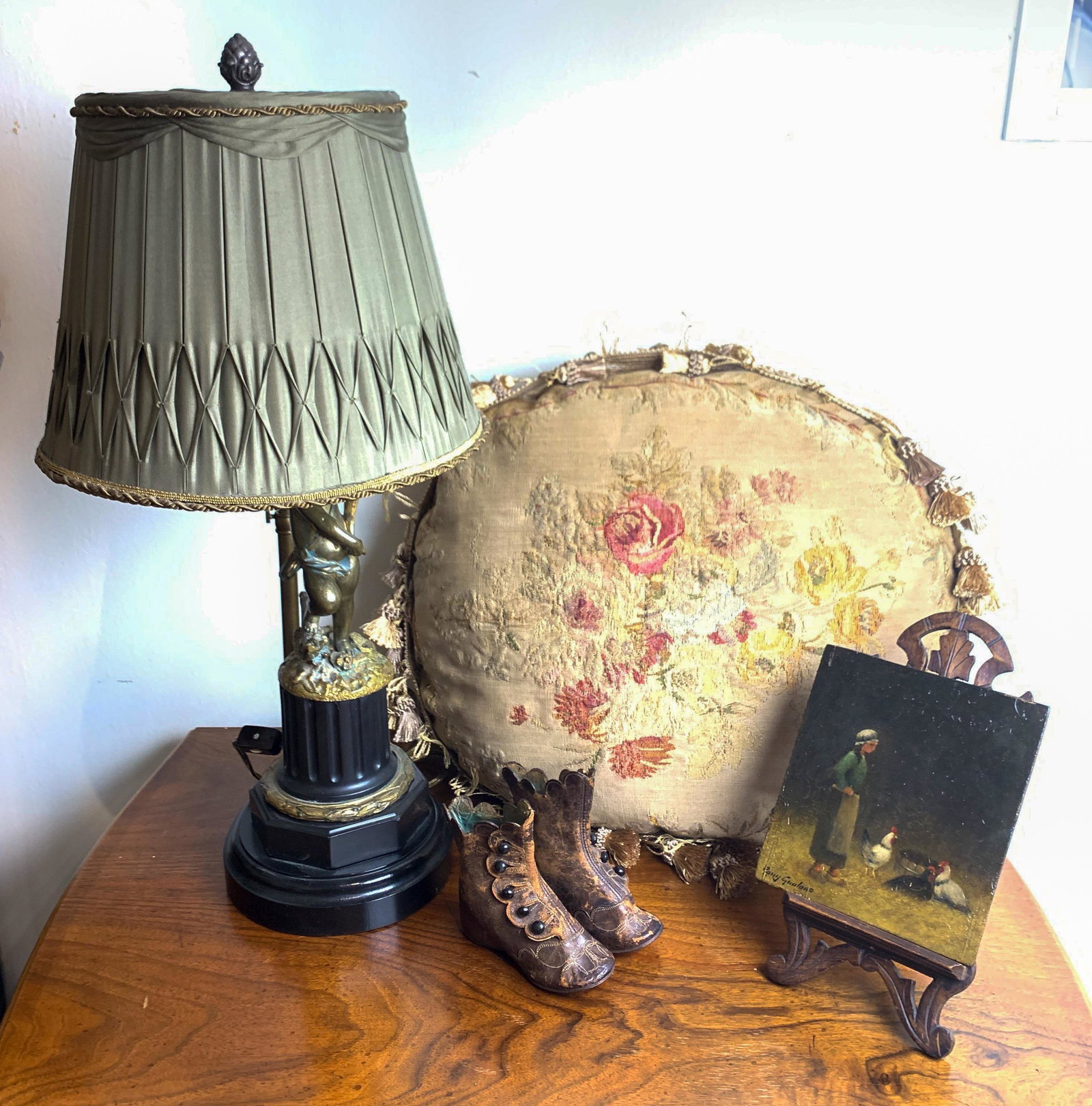 Bronze Cherub Lamp, Aubusson Pillow, Etc.: Pillow , Painting And Doll Shoes (5 Total Pcs)