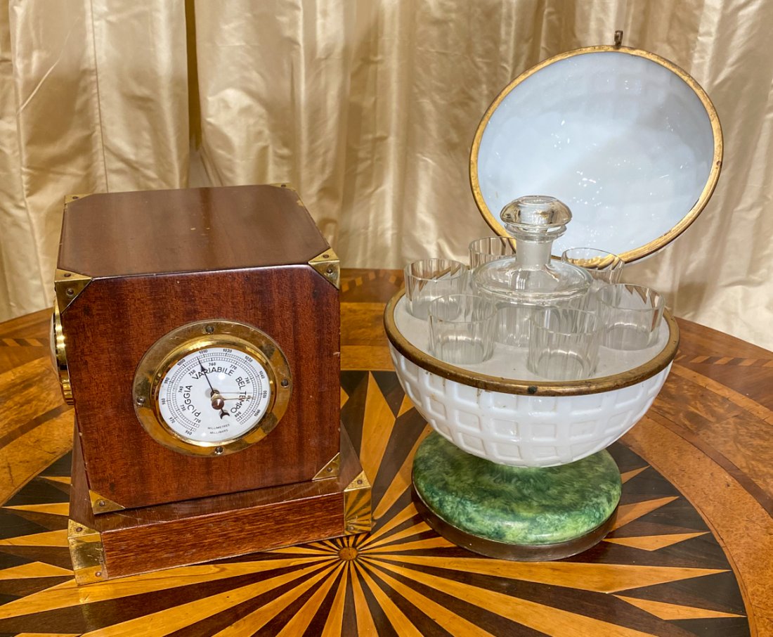 2 Pc. Lot - A Continental Liqueur Set and Clock: In Golf Ball Form, Czech Marked 7x9.