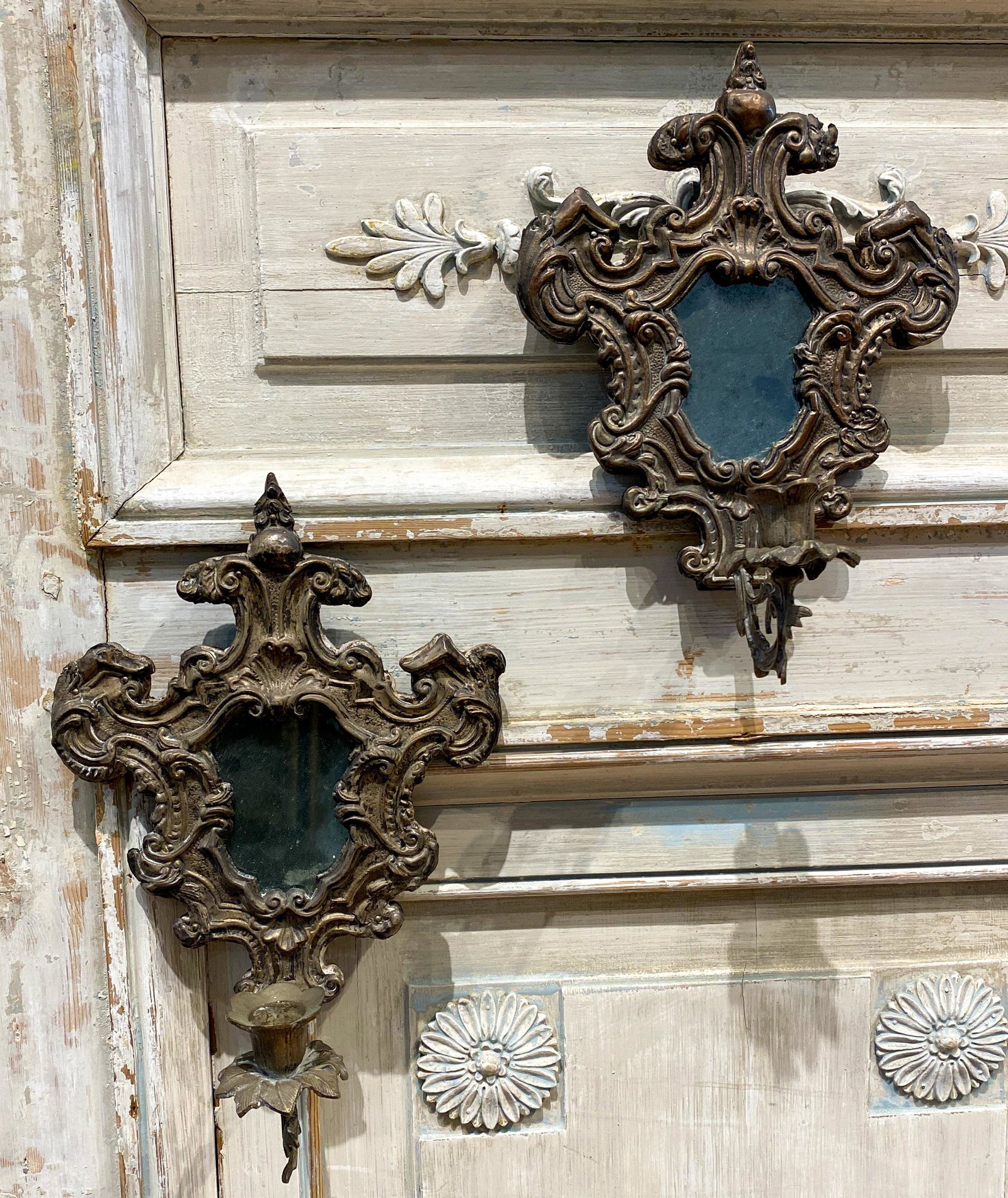 Sweet Pair Of Silvered Embossed Metal Sconce: 11.5x8. 19th C