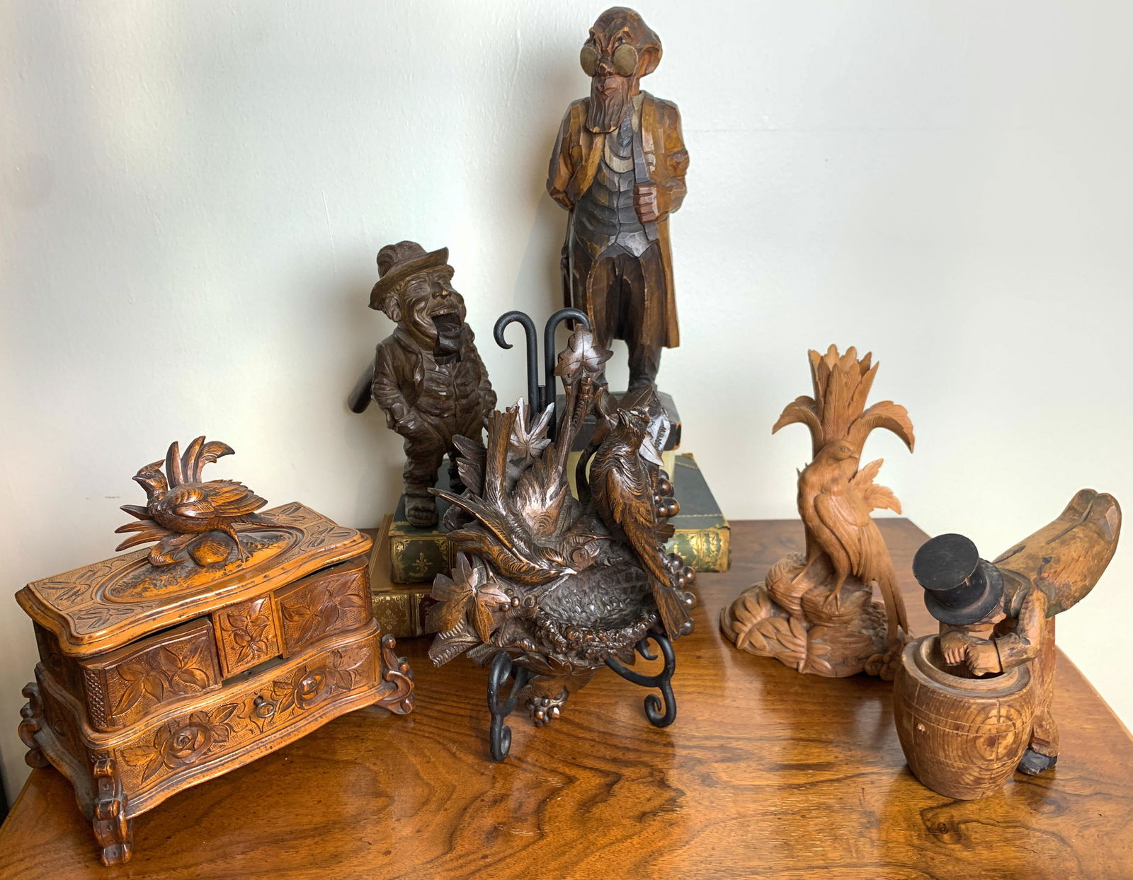 Nice Black Forrest Grouping, Inc Fitted Box: bird carvings, whimsical whistling musical figure and nut crackers