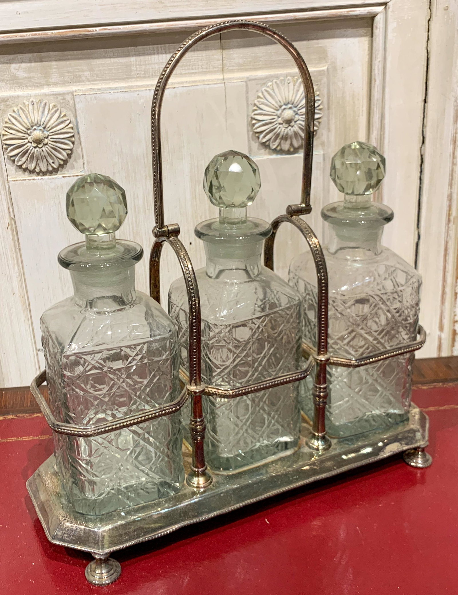 English Edwardian Silver Plated Liquor Set: 12.5 W X10 H X 5,wide L, Good Condition, No Chips
