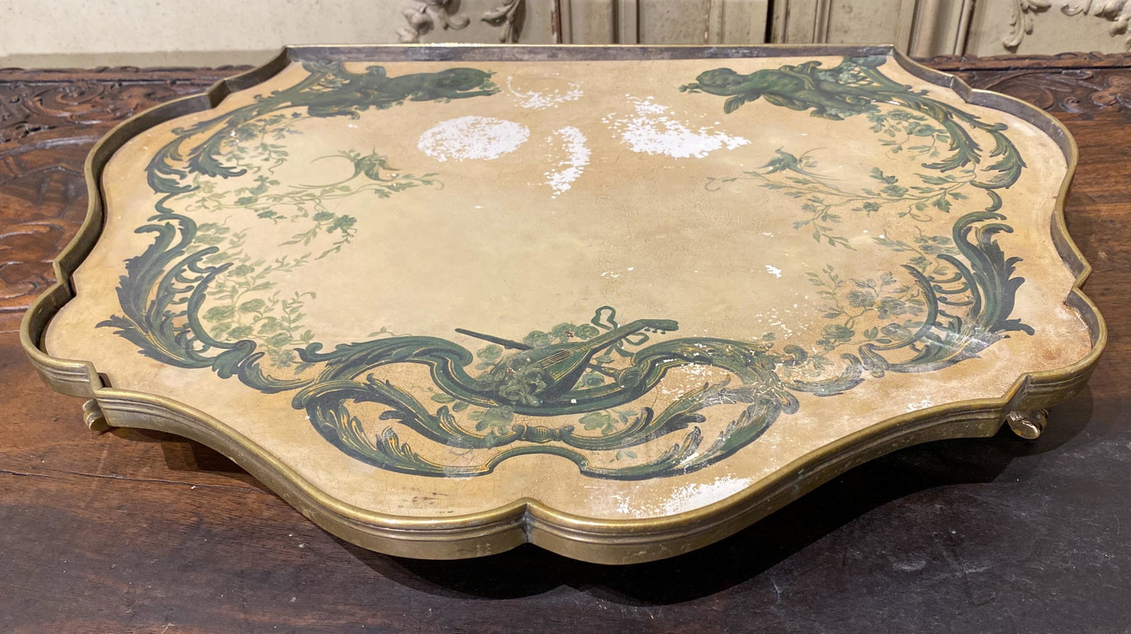 19th Century Tole And Bronze Plateau: French painted tole and bronze, circa 1880. 21 1/2 x 16 1/2 x 2 1/2 see photos for loss