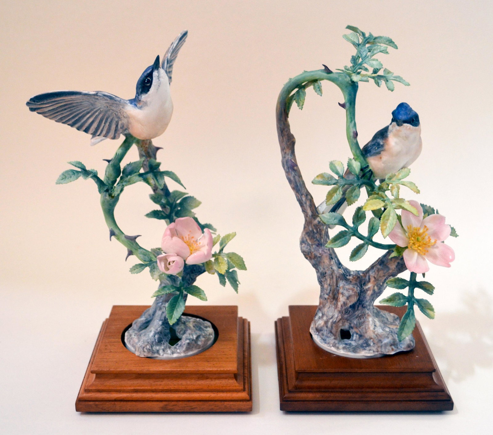 Royal Worcester Lesser White Throats, Pair: Dorothy Doughty. English Fine Bone China, Decorated. Limited Edition. Hand Created, Hand Painted. 1964. Authentic Hallmark. 10.5h X 5w X 5