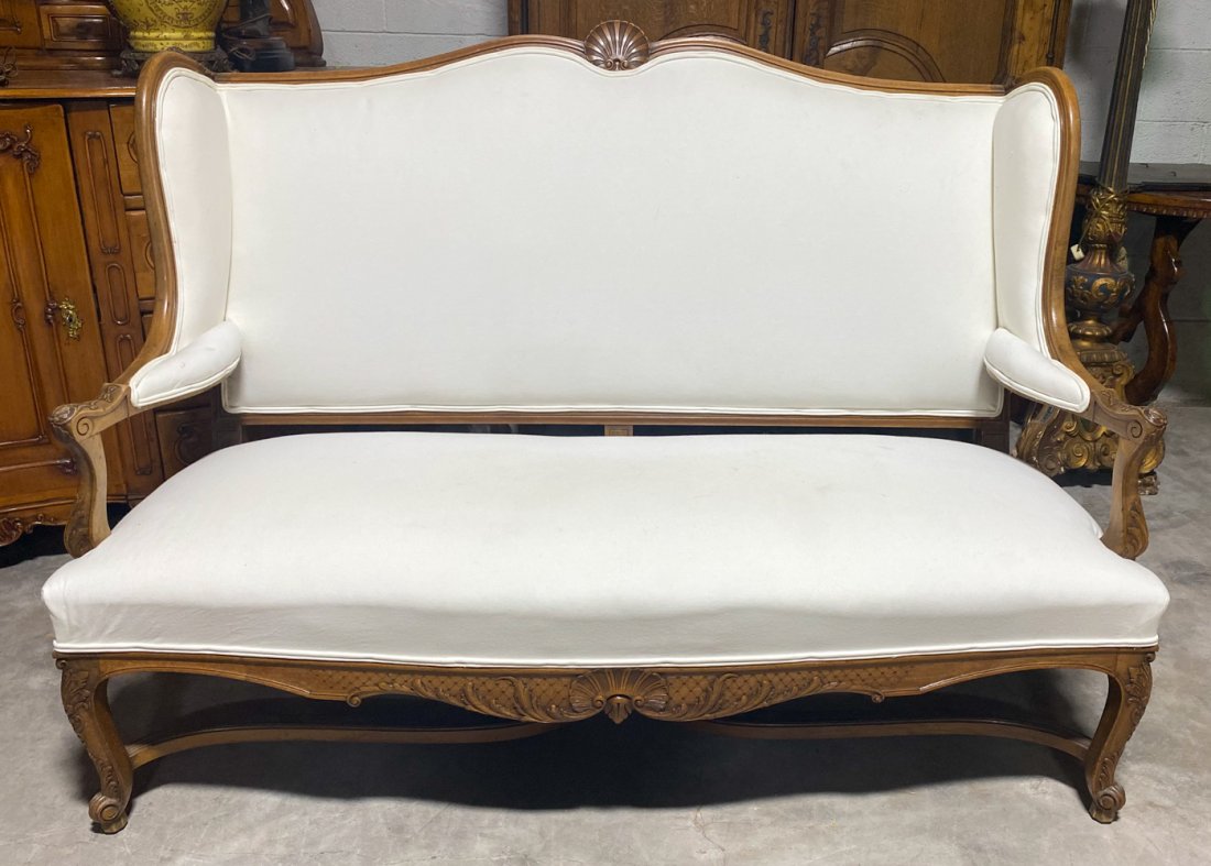 19th C. French Louis Xv Carved Walnut Settee: With New Linen Upholstery 63 X 30 X 45.5