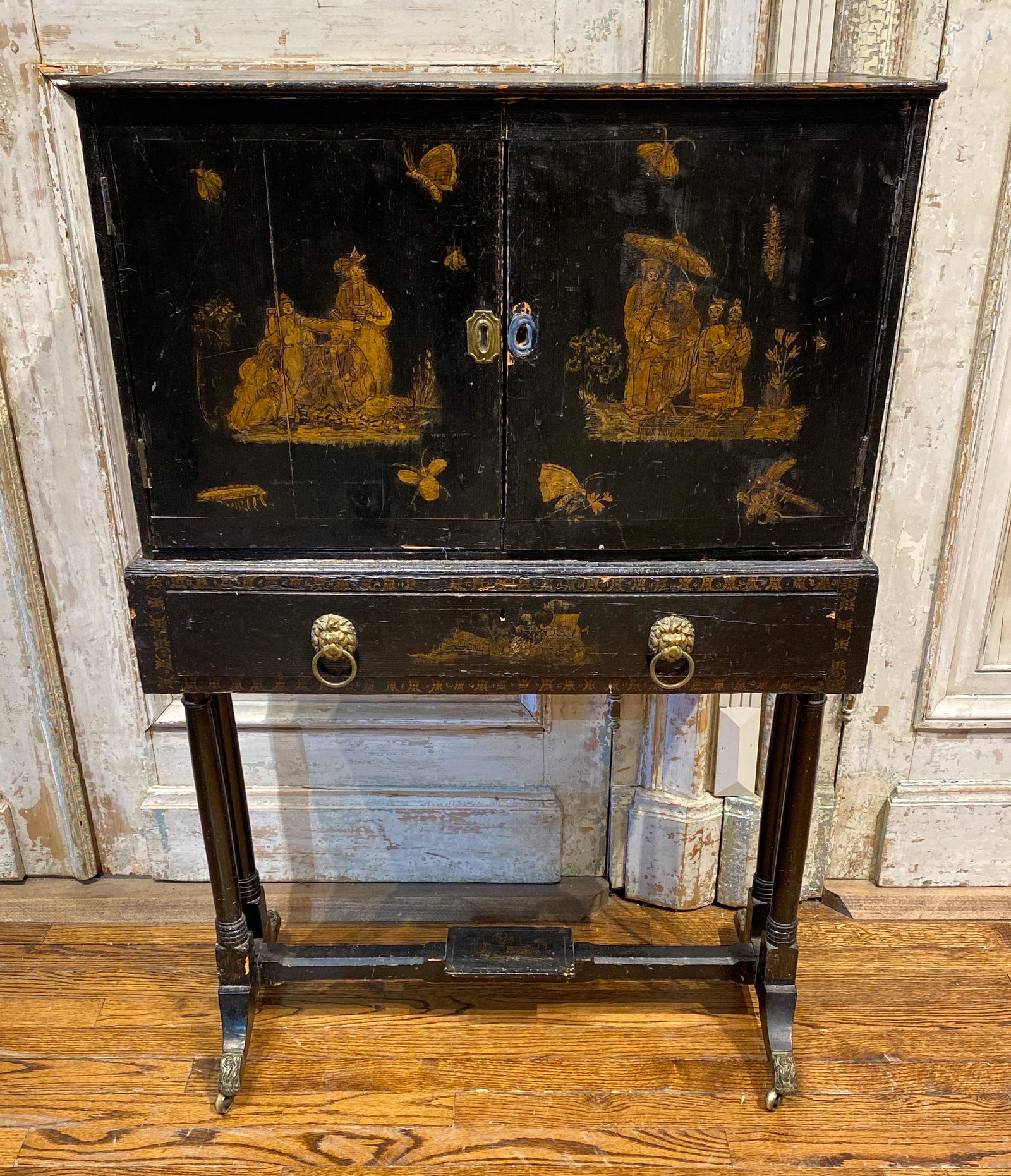 English Regency Chinoiserie Lacquered Cabinet: Stamped Ates & Hamper, Circa 1820. On Casters. 44 X 28 X 13 See Photos For Loss. Escutcheon Missing.