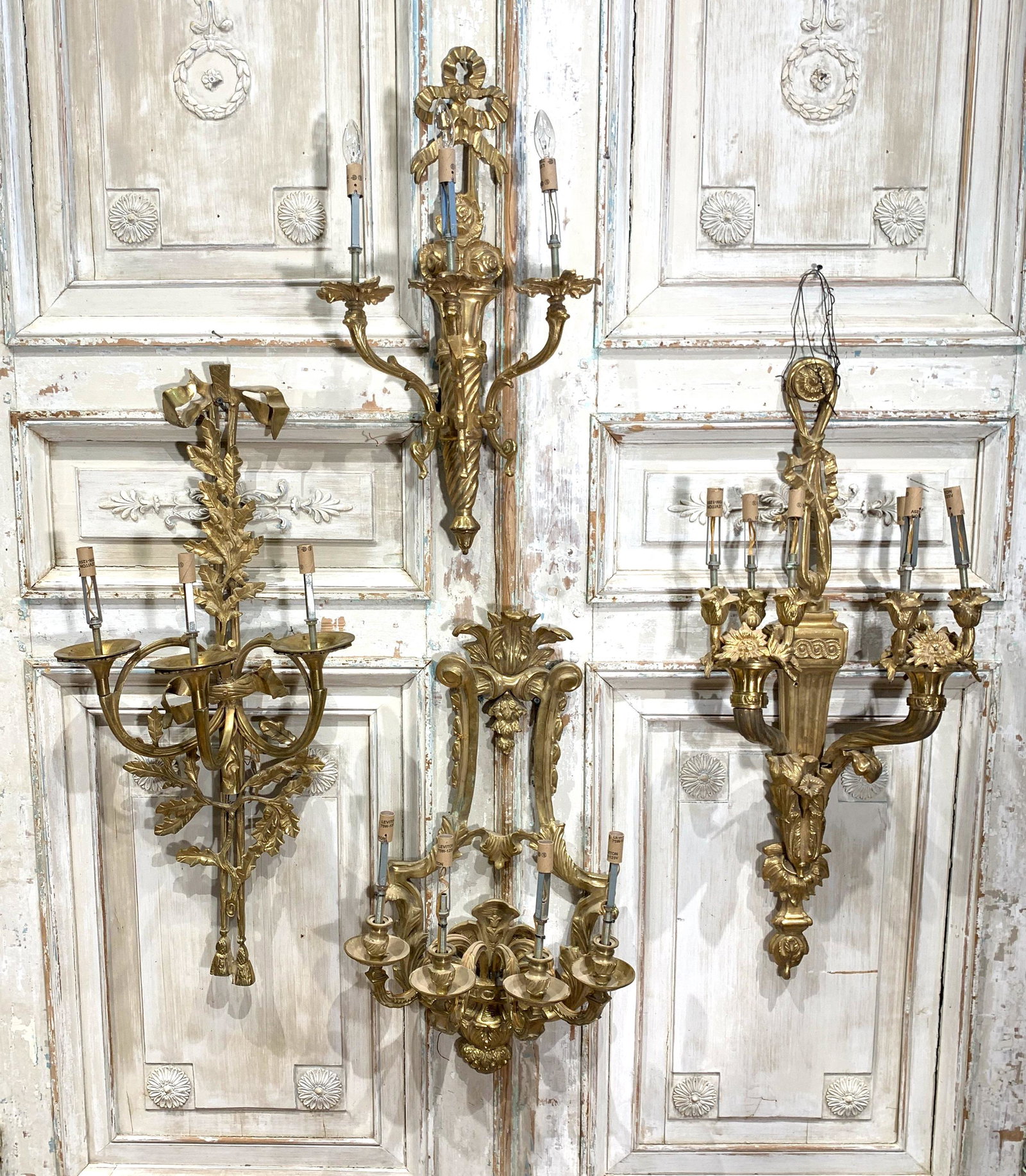 4 Assorted Heavy Bronze Wall Sconces: French Design. Size Range 35 H X 14 W , 29 H X 18 W