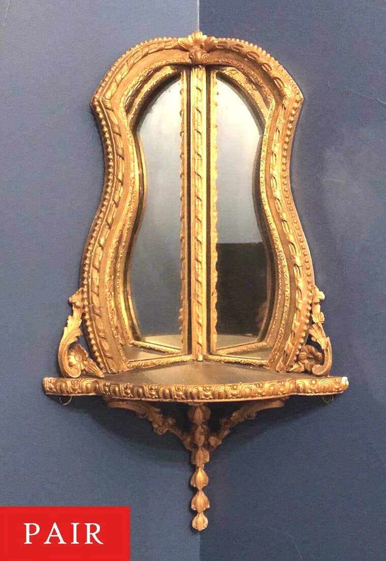 Pair Of French Rococco Gilt Wood Shelves: Corner Shelves In Good Condition; Good Details And Old Mirror. 14” wide, 25” high, 10” deep