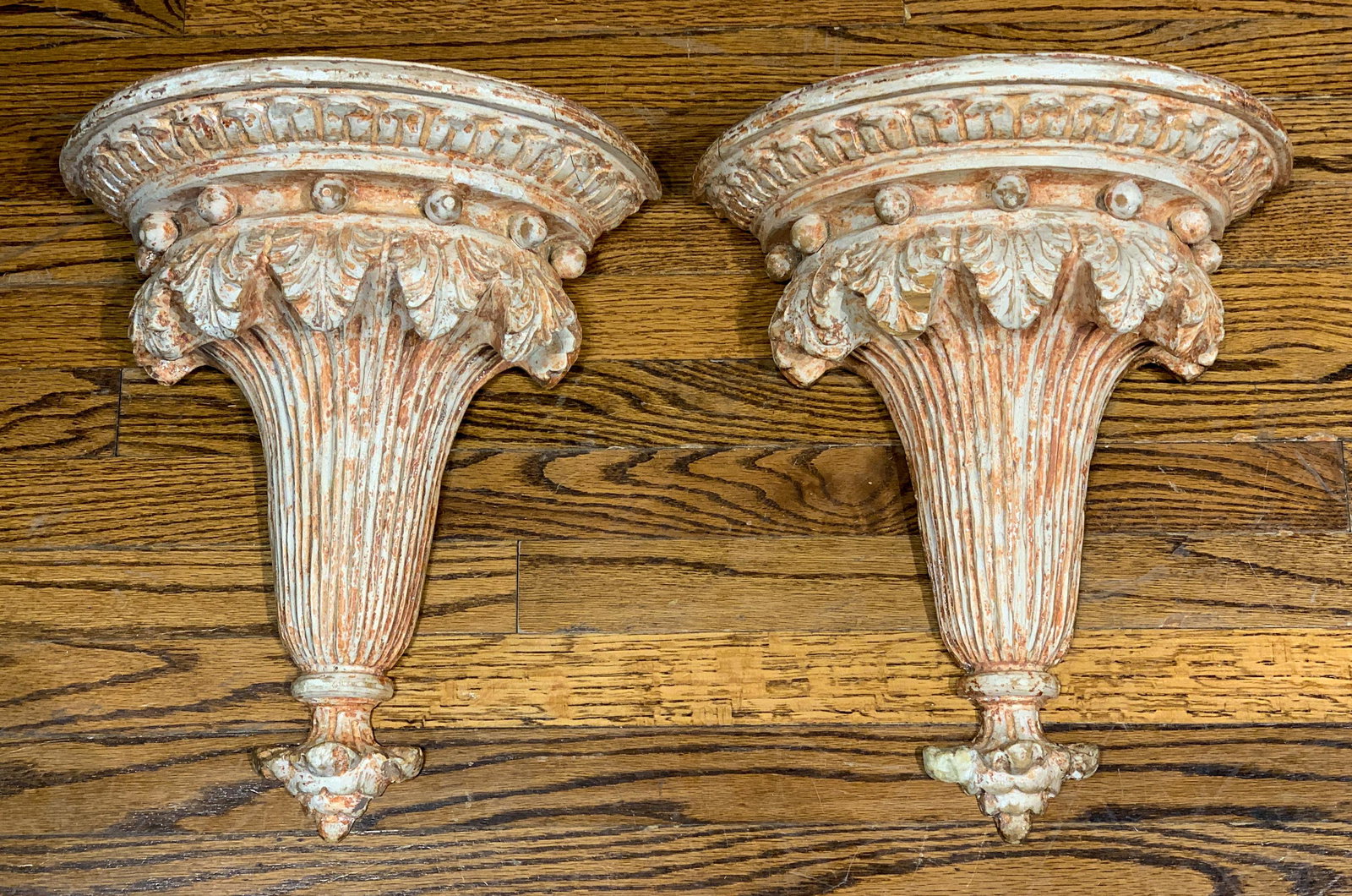 Pair Of Antique Carved Wood Brackets: Pickled Finish, French Style, Each 15w X 8d X 17h