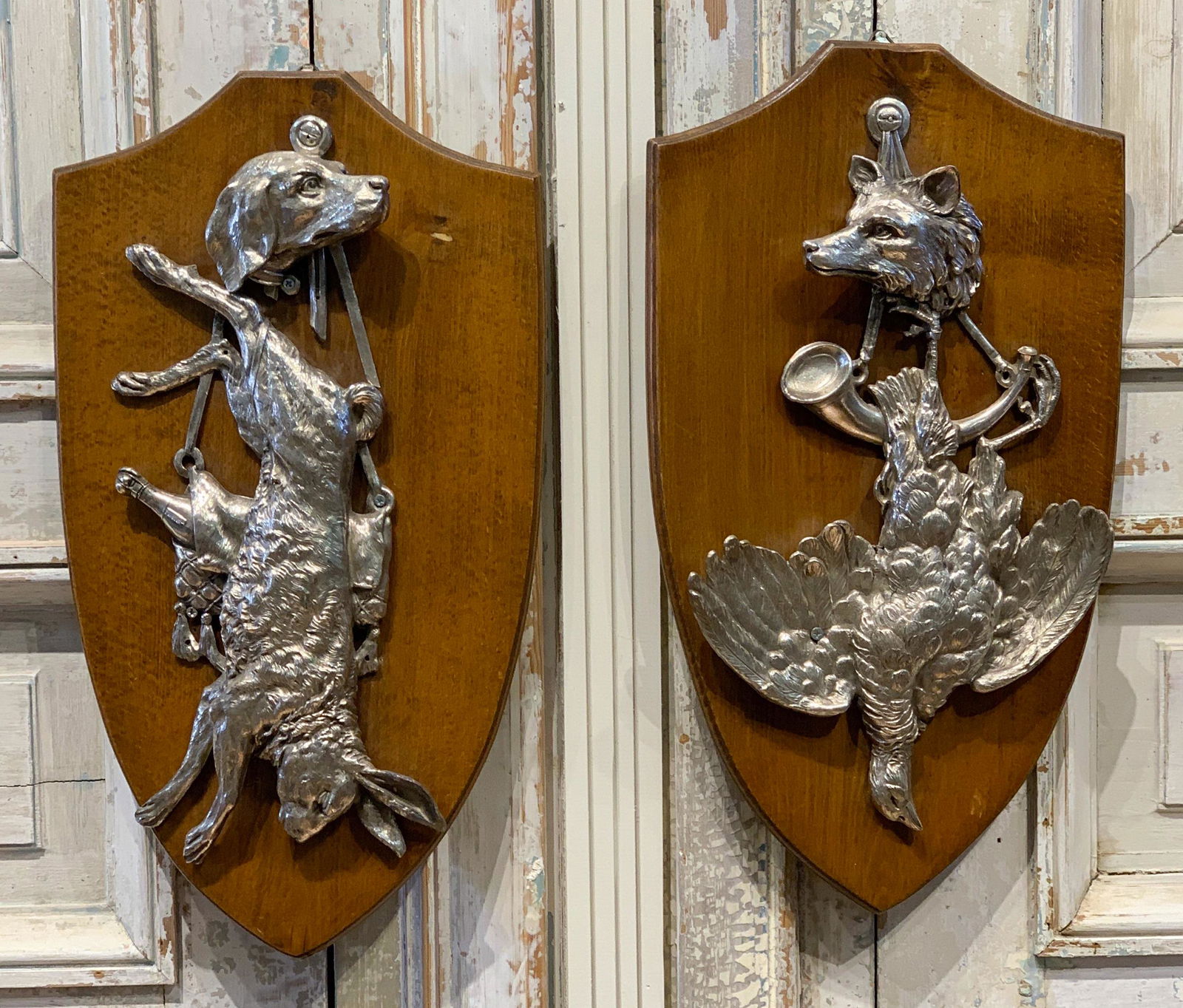 Great Pair Of English Hunting Plaques: Silver Plated Game; Good Detail. Each 19.75h X 11w X 1.5d. Note champagne bottle in picnic basket is marked MUMM.