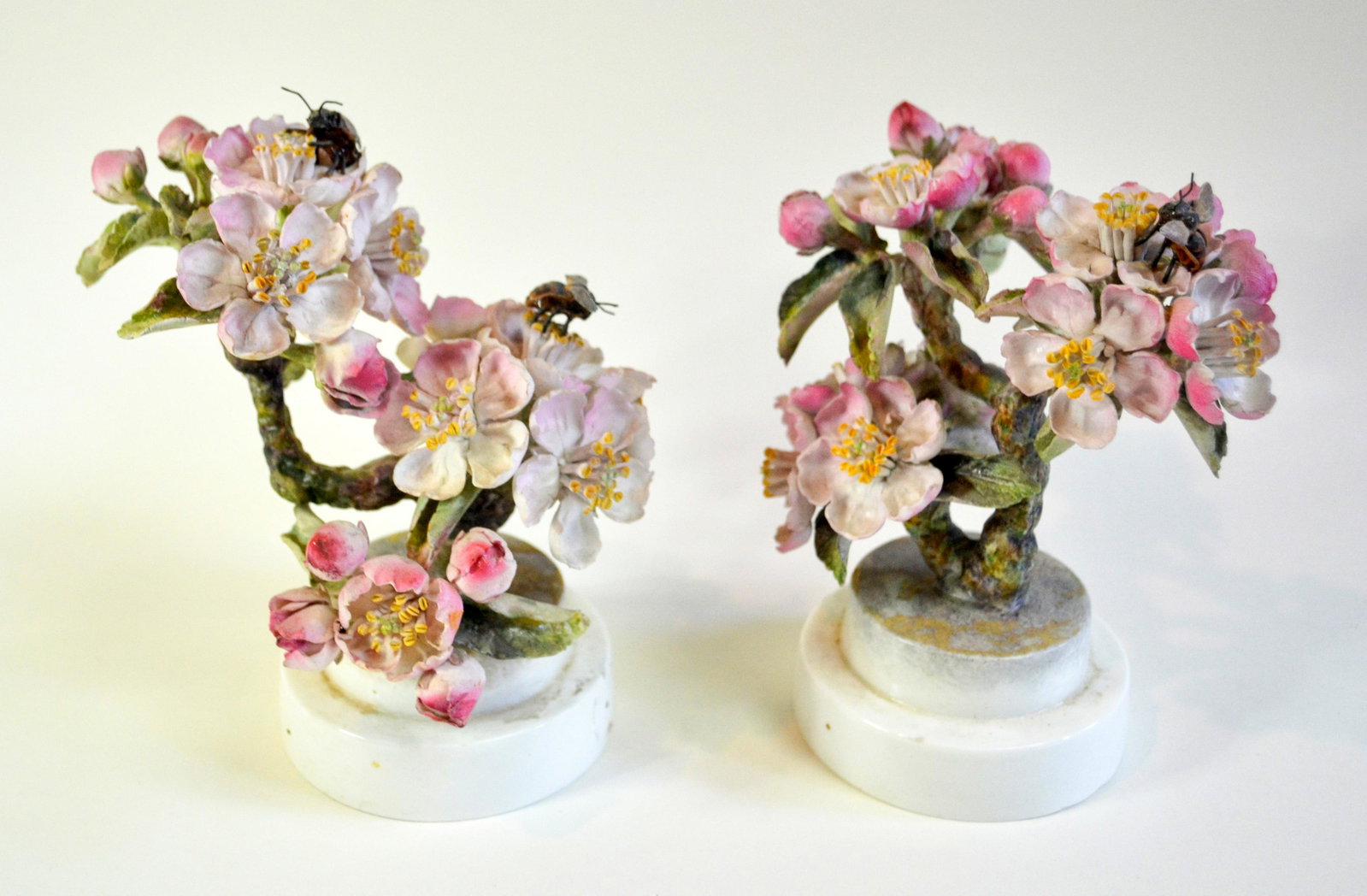 Royal Worcester Doughty Apple Blossoms, Pair: Sprays, Fine Bone China, Decorated. Limited Edition Of 250, 1941. Hand Created And Painted By Dorothy Doughty. Royal Worcester Hallmark. 7"h X 5"w X 5d. Overall Excellent For Age, One Wing Of Bee And 