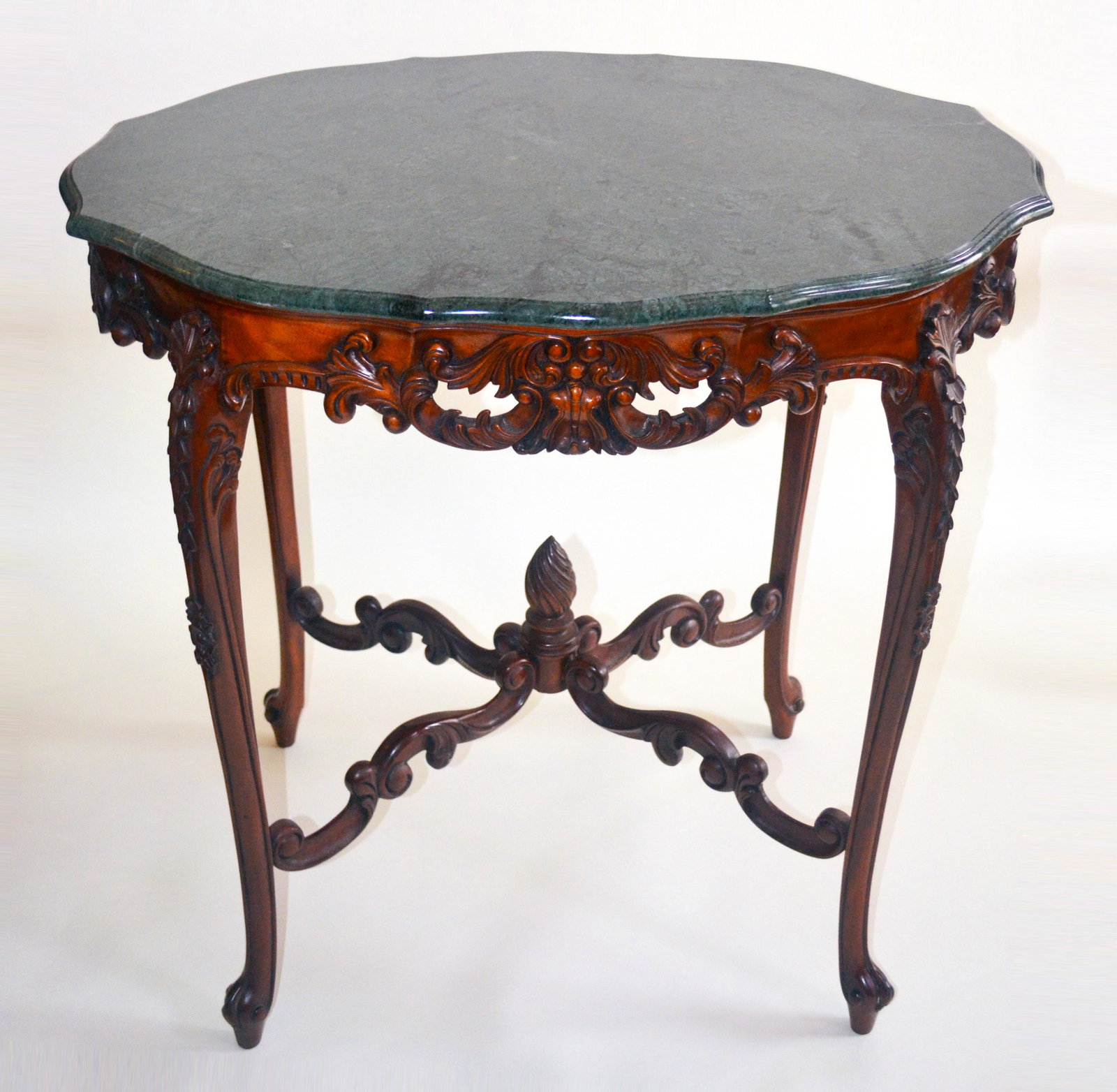 European Carved Accent Table: With Emerald Green Veined Marble Top. Made In England. 30 X 32 X 26