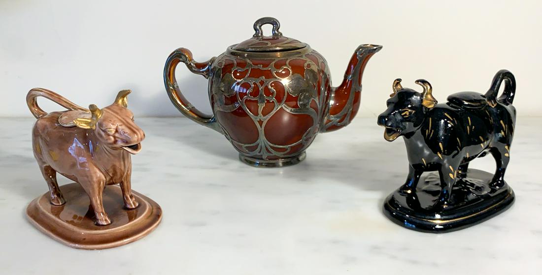 3 Pieces: Including Lenox Silver Overlay Pitcher: Together With 2 Porcelain Cows, All Good Condition