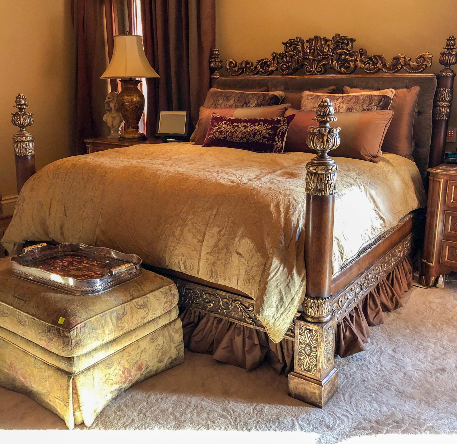 Massive Carved Bishop's Bed: Custom; Original Cost Of $15,000. 90 X 92 X 70. Rails Are 12h X 82 L; Drop From Bottom Of Rail Is 10 Inches Accommodates King Mattress With 2 Inches Leeway Each Side. Headboard Is 7d. Buyer Note Heavy