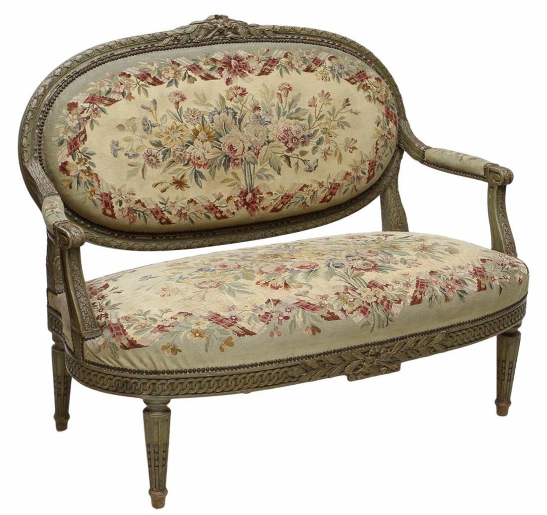 Antique French Louis Xvi Settee.: Finely Carved 19th Century Settee With Original Grey Finish And Aubusson Upholstery. In Very Nice Condition And Structurally Sound. 52w X 23d X 41.5h.