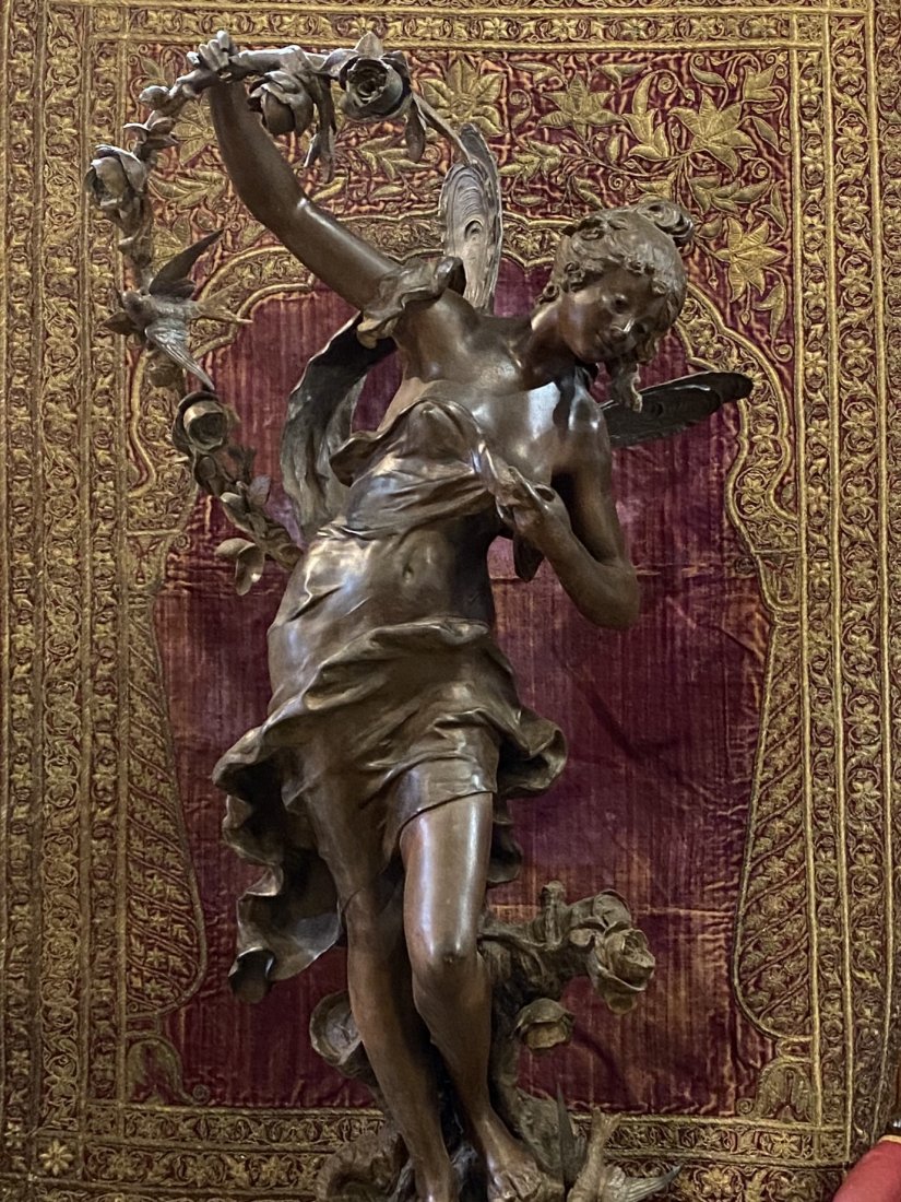Large French Spelter Figure Of Young Beauty: Signed Louis Moreau, Set On French Walnut And Marble Topped Stand; Good Condition, Statue: 41x21. Base: 21x21