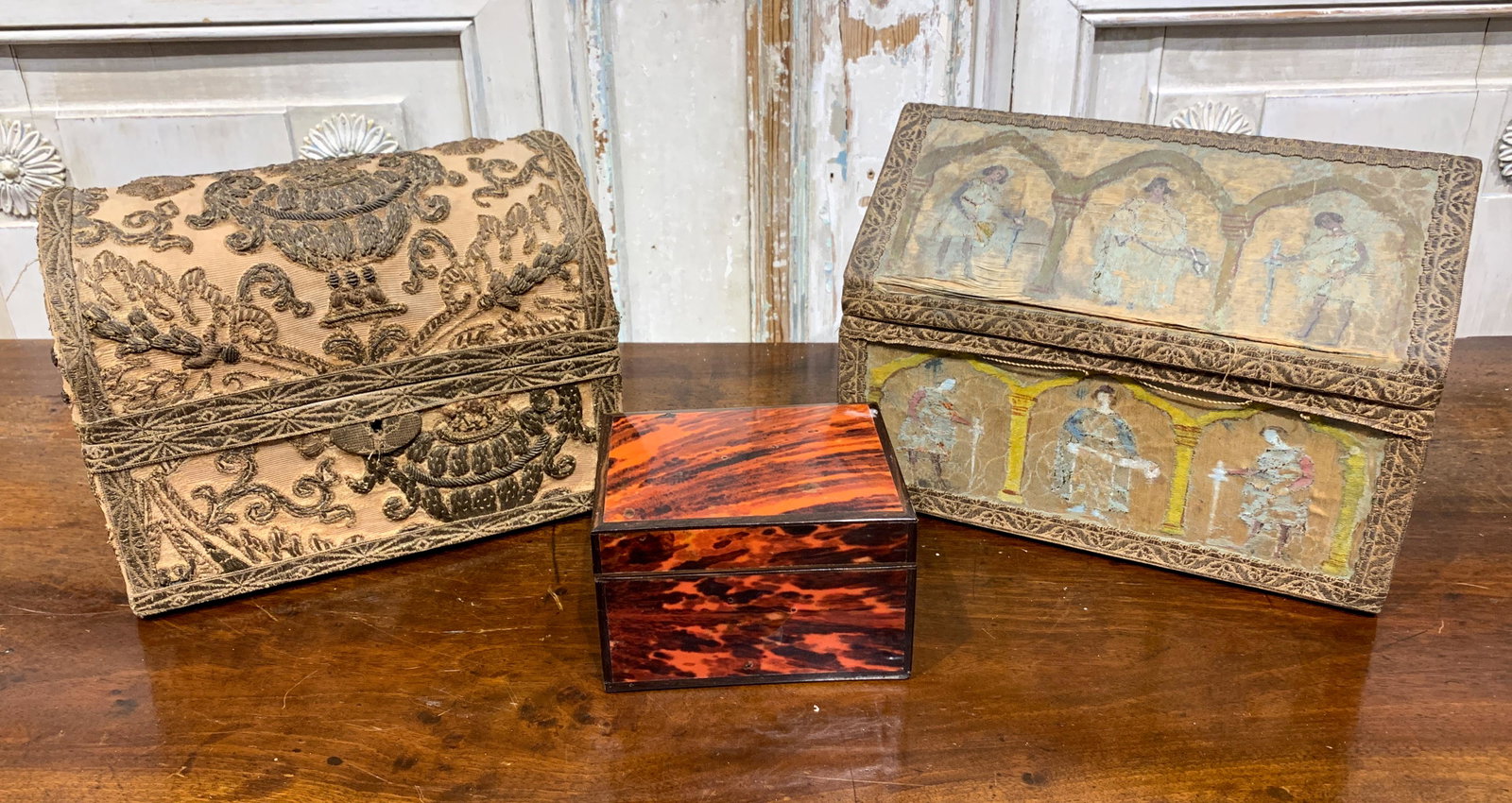 3 Boxes: Early Silk And Gold Thread Boxes: And A Faux Tortoise Box; Antique Wear Conducive With Age (3 pcs)