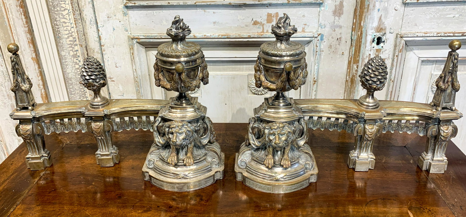 Pr. Of 19th C. French Bronze Andirons: Heavy Castings And Detailed With Nickel Patina Over Bronze, C,. 1880