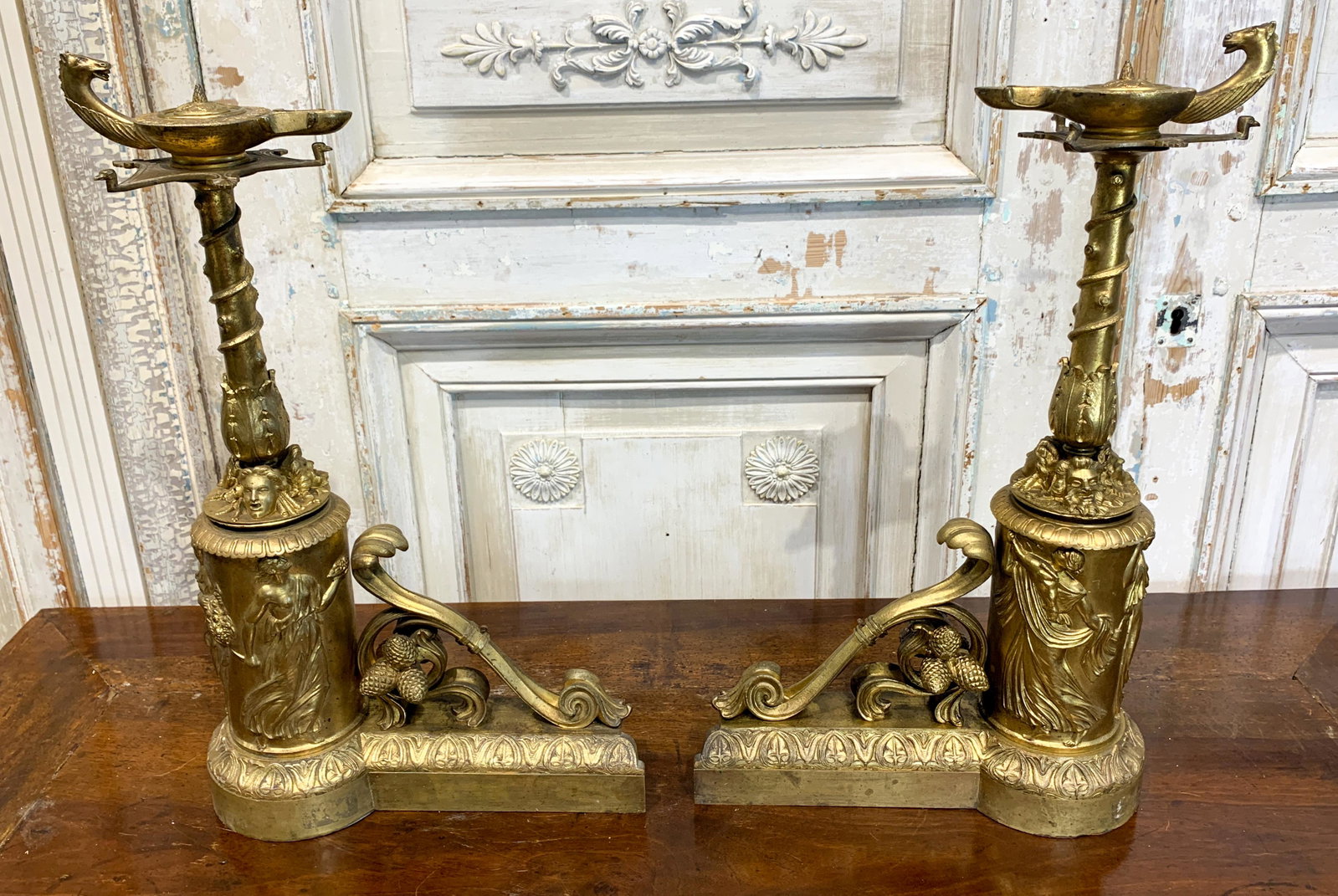 Pr. Of French Cast Bronze Andirons: Napoleon Iii, C. 1880, Good Detailed Castings,